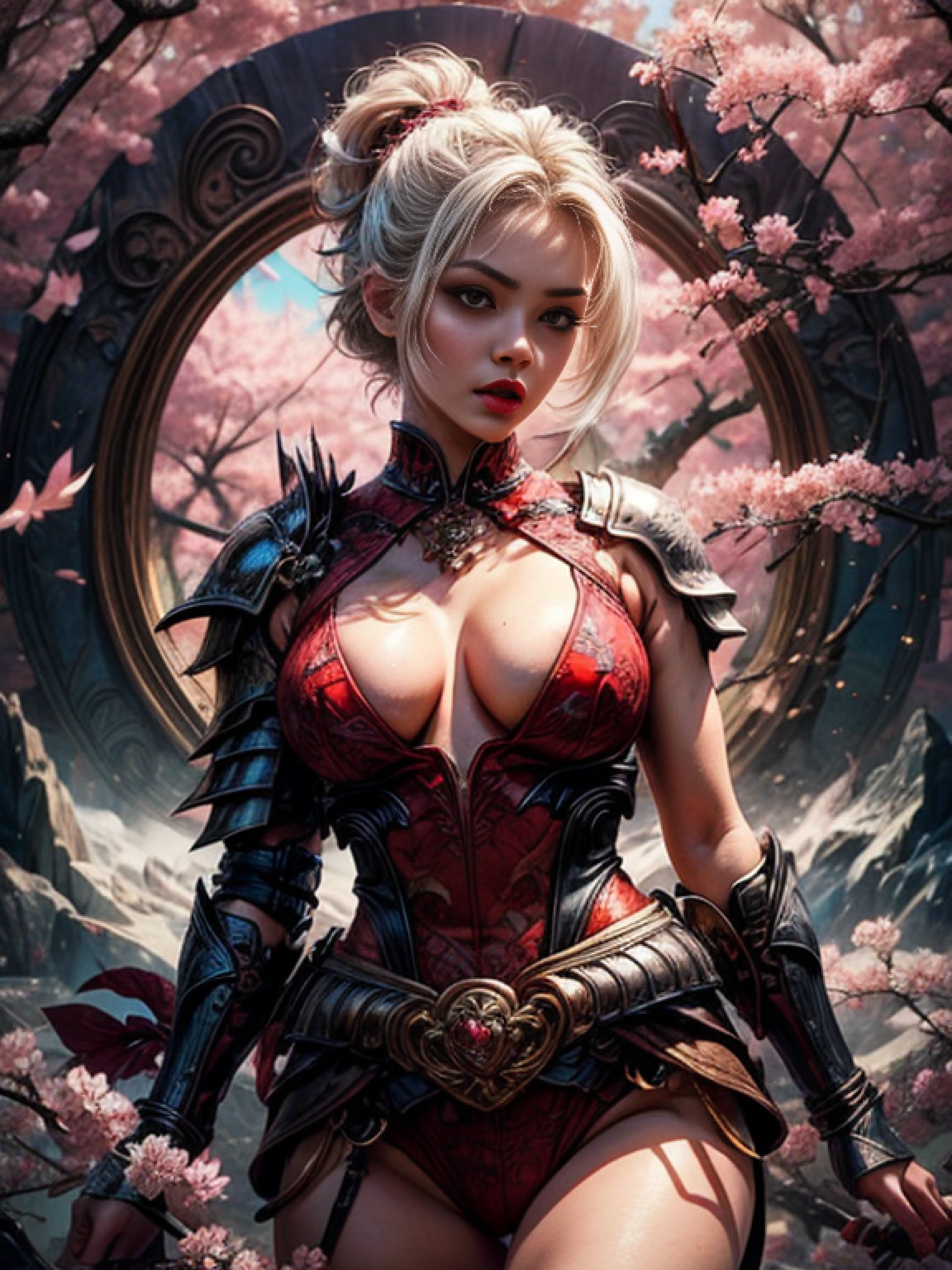 minimal, A sexy woman in armor, legendary warrior , A beautiful babe, sex pose, erotic design , erotic face, erotic pose, pore white hair, small tits, big eyes, sexy eyes, body covered with tattoo, red lips, sexy lips, sexy face, erotic, erotic pose, FULL BODY, cherry blossom tree, pink leaves, high quality, beautiful graphics, high detail