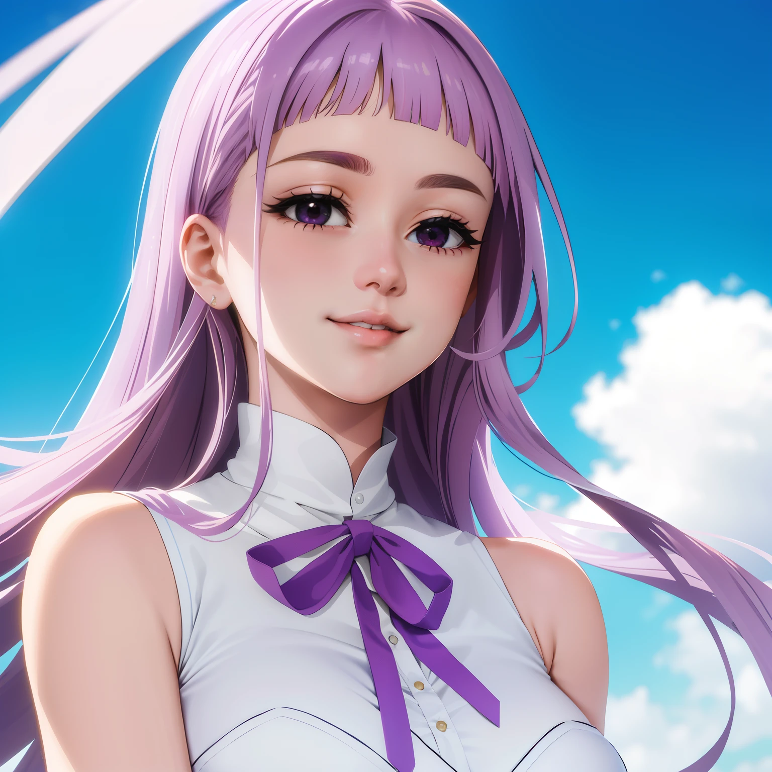 ((masterpiece)), ((best quality)), melascula, empty eyes, 1girl, solo, (dark aura), aura, long_hair, pink_hair, purple_hair, blunt bangs, portrait, upper body, leotard, white cloth, neck ribbon, breasts, tight clothes, big breasts, looking at viewer, beautiful girl, detailed nose, lips, smiling, blue sky