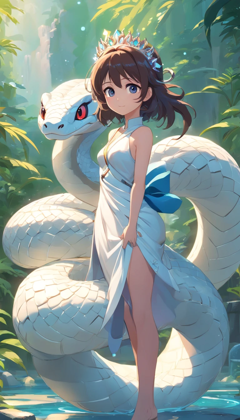 Pixar style super cute anthropomorphic white snake， Daihan costume and crystal crown, standing, Charming big eyes, Cute tail, standing with sign in hand, Surreal, Super fine, Luxurious, Graceful standing, Charming big eyes, Cute tail, standing, Surreal, Super detailed, Cover your breasts,Scenery under the skirt，Luxurious, elegant, complex, Gorgeous, illusory engine, Octane rendering, 8K, Frey surrealism