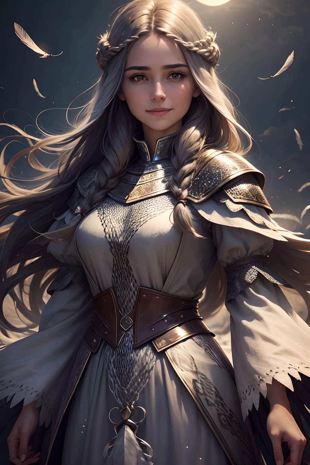 (Highest quality:1.3), cinematic shot, calm woman, smile, realistic face, in simple chainmail, simple dress with long sleeves, hair with feathers, feathers growing out of head, in moonlight, warm colors, feathers flying, 30 years old, middle-aged, peasant