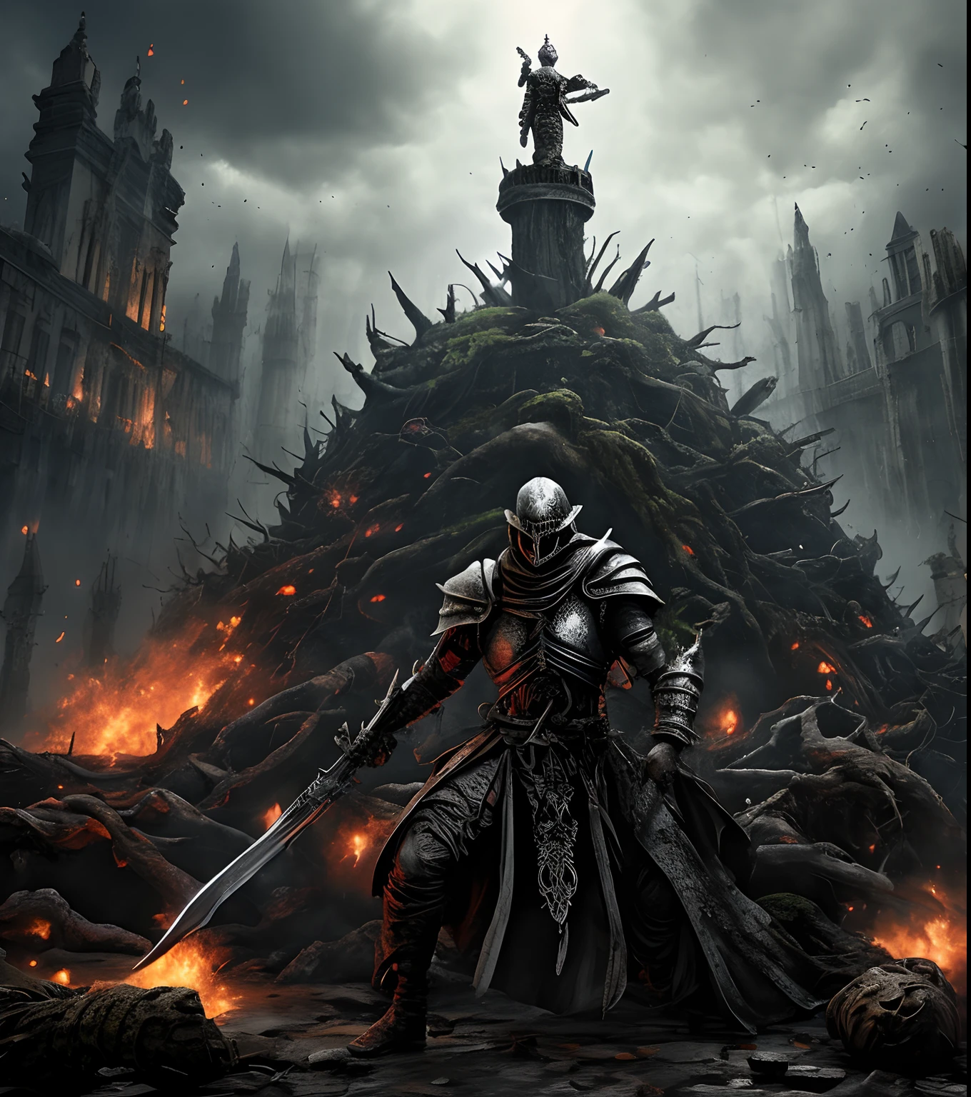 um close up de uma pessoa segurando uma espada em uma floresta, Estilo de Arte Dark Souls, fallen knight, Arte de Dark Souls, arte de estilo fantasia escura, cavaleiro das almas das trevas, segurar espada na floresta, O Cavaleiro das Almas Negras, segura uma espada preta, fantasia sombria medieval, gothic knight, cavaleiro do mal, cavaleiro da fantasia, Estilo Dark Souls, Guilherme H. Pongiluppi, agressivo,,dando um sorriso,causing chaos and destruction,victorious expressions,Comportamento imprudente,anarquia desencadeada,unapologetic destruction,respingos de sangue,Mindless violence and destruction,Divertindo-se com o caos,Ousado e destemido,glorifying destruction and chaos,belo caos,Combates brutais,brutalidade impressionante,Campo de batalha ensopado de sangue,combates intensos e ferozes,Loucura e caos,Armas sangrentas,Charismatic and powerful,valuing in its power and strength,encharcado de sangue,an extravagant display of power and dominance,causando estragos com suas armas,Ataques selvagens e brutais,guerreiros destemidos,desencadeando a ira infernal,invincible and unstoppable forces,unyielding and ruthless,Relentless and ruthless,Criando um reino de terror,Enfrentando seus inimigos de frente,Intimidating presence,banhando-se no sangue de seus inimigos,Victory and triumph. (best quality,ultra-detalhado,Physically-based rendering),escuro e arenoso,High contrast lighting,cores saturadas e vibrantes,energia destrutiva, psicodelic, intrincado, artistic