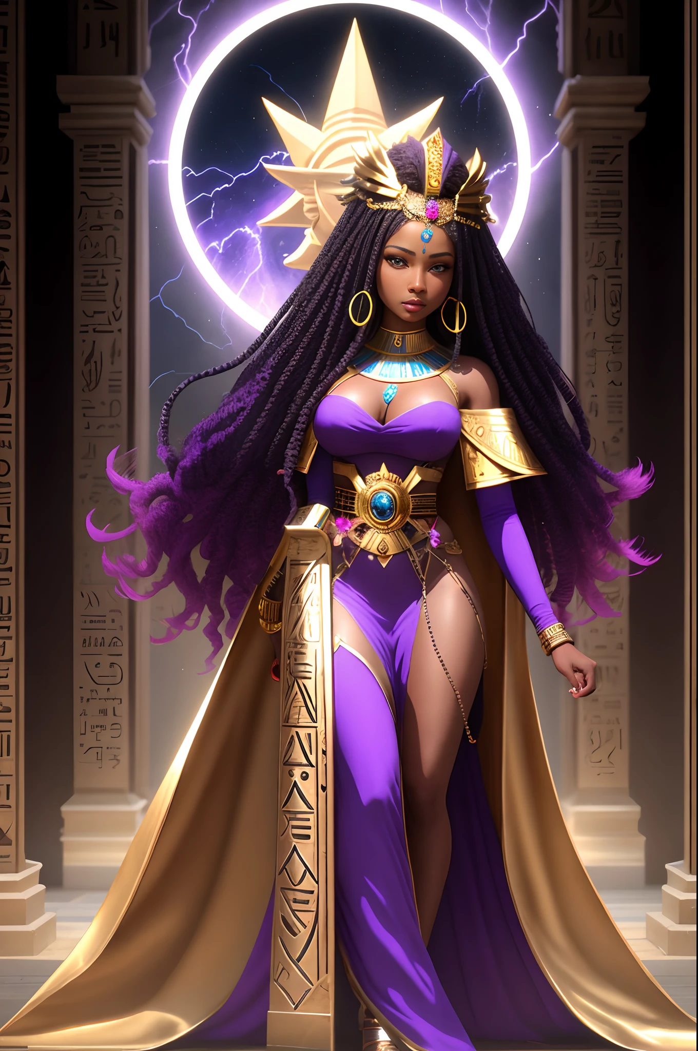 a woman in a purple outfit holding a sword and a purple and gold outfit, dark skin female goddess of love, goddess. extremely high detail, epic 3 d oshun, ancient goddess, storm egyptian god, priestess, high priestess, kemetic, rossdraws | afrofuturism, a stunning portrait of a goddess, goddess queen