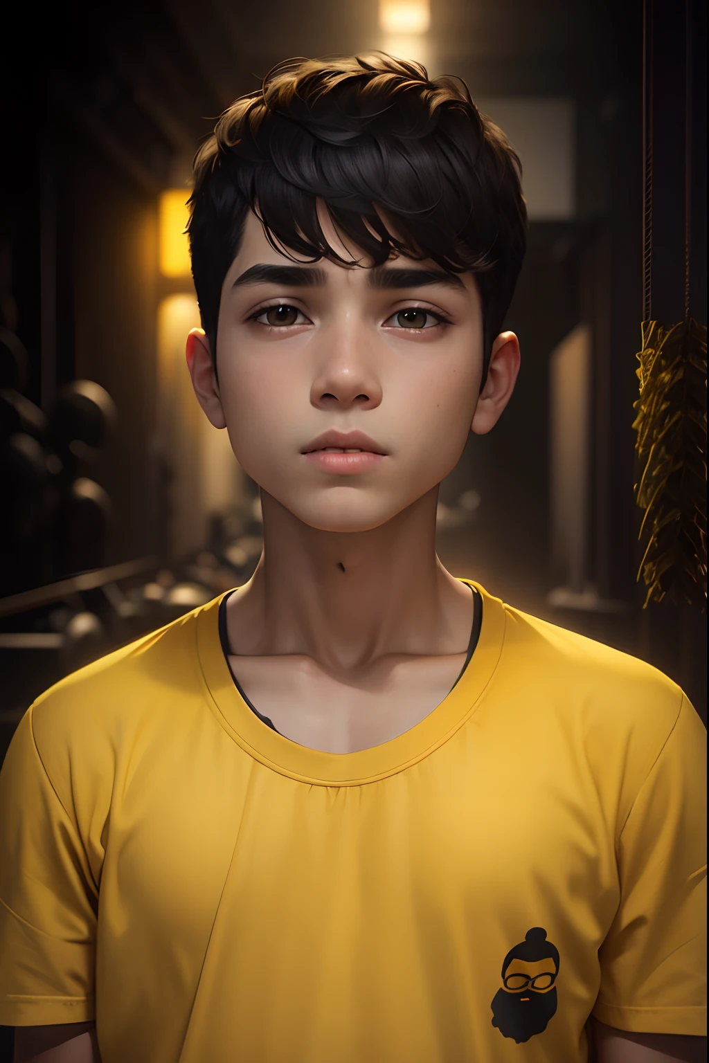 Black background,realstic,small hair,boy look,yellow tshirt
