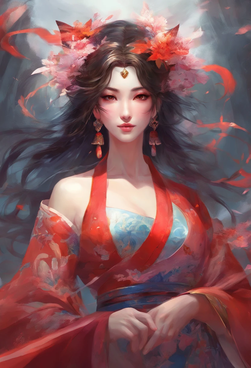 Anime art style. Mujer de cabello blanco y ojos Morados. Vestida con un kimono rojo. Sosteniendo una katana. parada frente a una tormenta. Aura de rayos. Ley visual