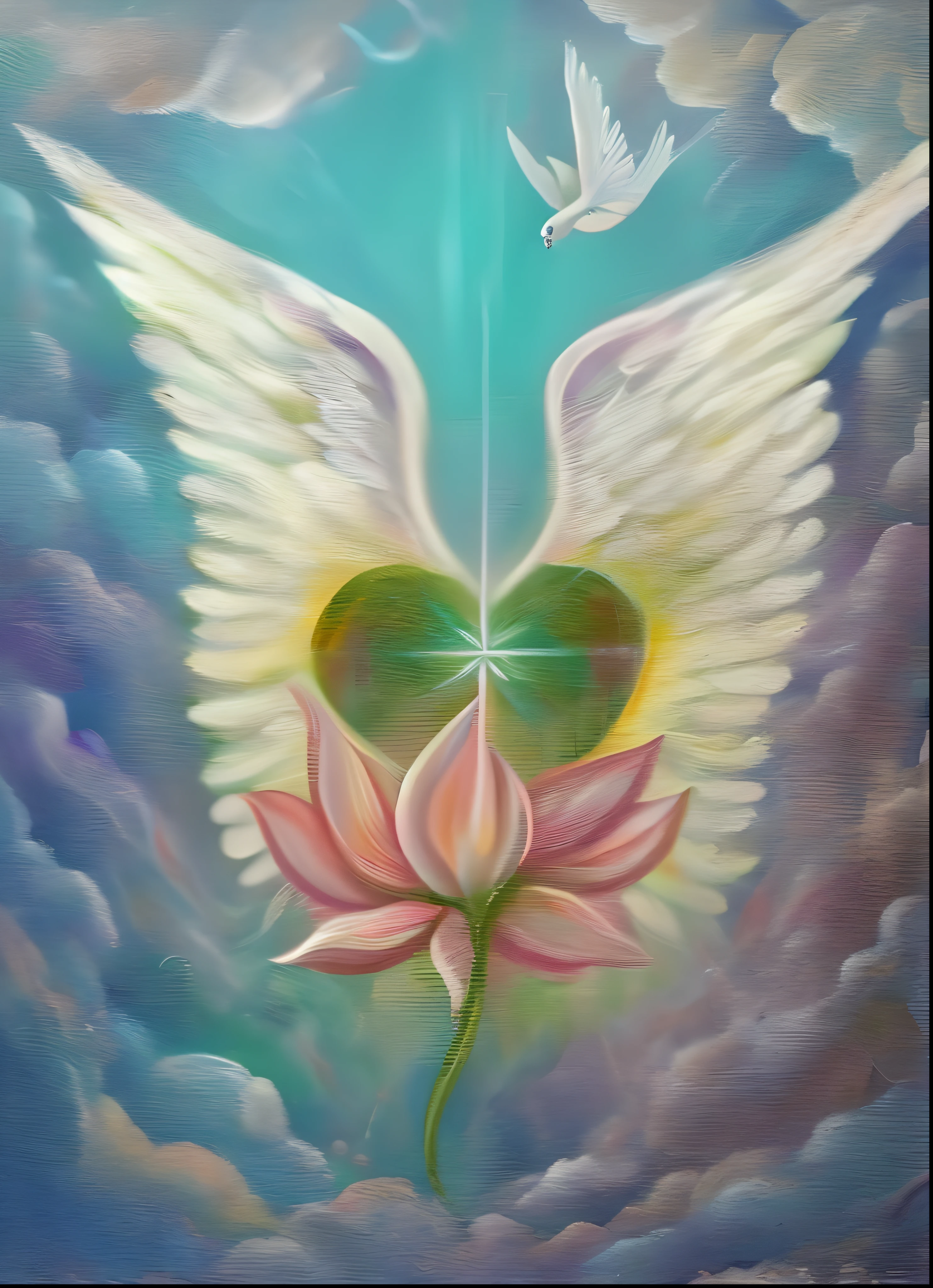 a painting of a heart with wings and a flower, Ethereal Angelic Being of Light, ser angelical brilhante, infinite angelic wings, Asas de Anjo Infinitas, Directed by: Caroline Chariot-Dayez, angel spirit guide, Deusa do amor e da paz, pureza angelical, beautiful depiction, irradiando energia de renascimento, no plano astral ) ) ), emanating and flowing energy, Metatron