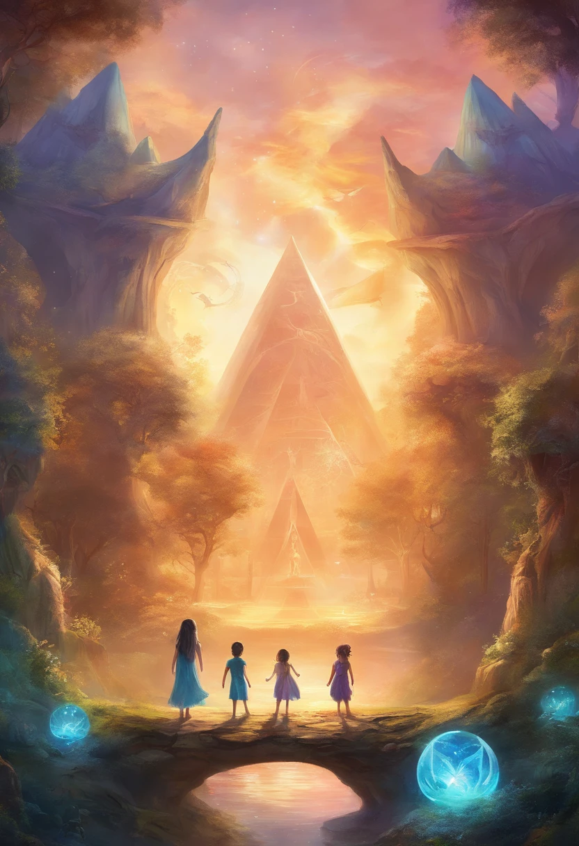 Capa livro infantil, 3 children, Sun inside crystal pyramid, floresta, dragons, infinity symbol