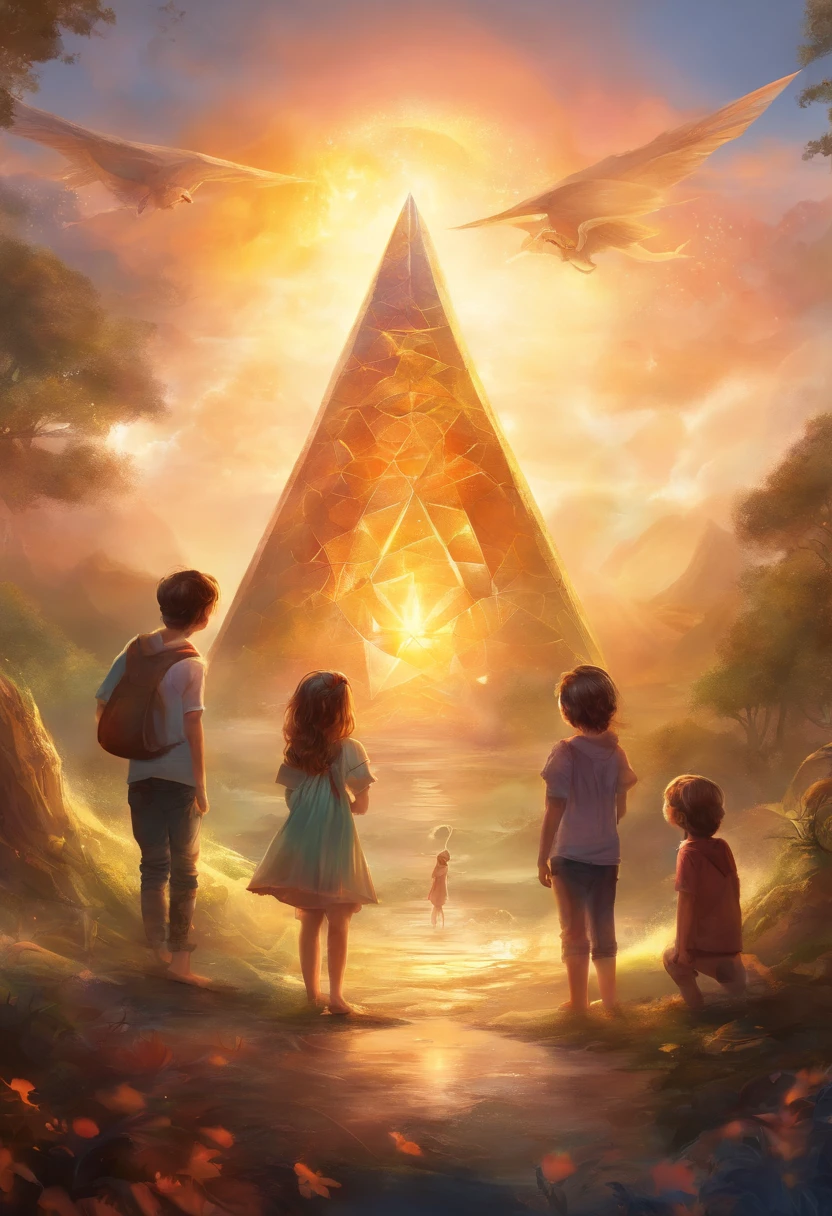 Capa livro infantil, 3 children, Sun inside crystal pyramid, floresta, dragons, infinity symbol