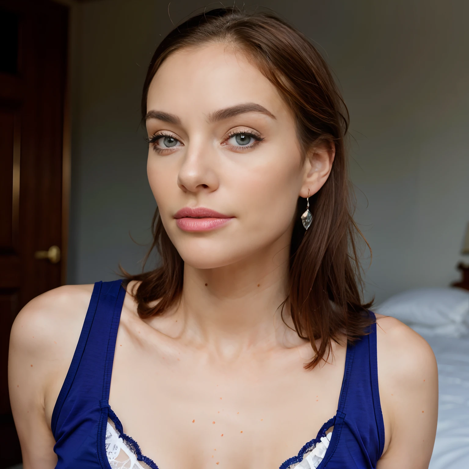 Ultra-Realistic photo of a gorgeous young smiling Asian girl, beautiful very long long and slender cute face Japanese girls, Asian winged eyes, full wide lips, long straight black hair, still from the film, (solo), (((young Marion Cotillard and young Anne Hathaway blended mixed face: 1.2))), Cute porcelain-skinned Japanese girl, 19yo, 30mm Amatuer photo with a harsh white flash and exposure from the camera with a dark background with film grain giving it an authentic amateur feel.
Soft lilac volumetric lighting.
She is undressing, removing her clothes, showing her breasts and nipples.
cute Elizabeth Davis, a 2 impassioned erotic girl.
She has large breasts.
She has a lithe body.
She has brunette Long straight hair with subtle highlights and side part hair.
She has a triangle face shape with full cheeks, square chin, steel gray eyes, and thin lips.
She has no makeup.
She is wearing a coral tie-front blouse, and bangle bracelet.
She has a light smile, a shy embarrassed nervous happy expression, red cheeks, and raised eyebrows, looking at the camera. Standing in her girly bedroom, doing a sexy pose.