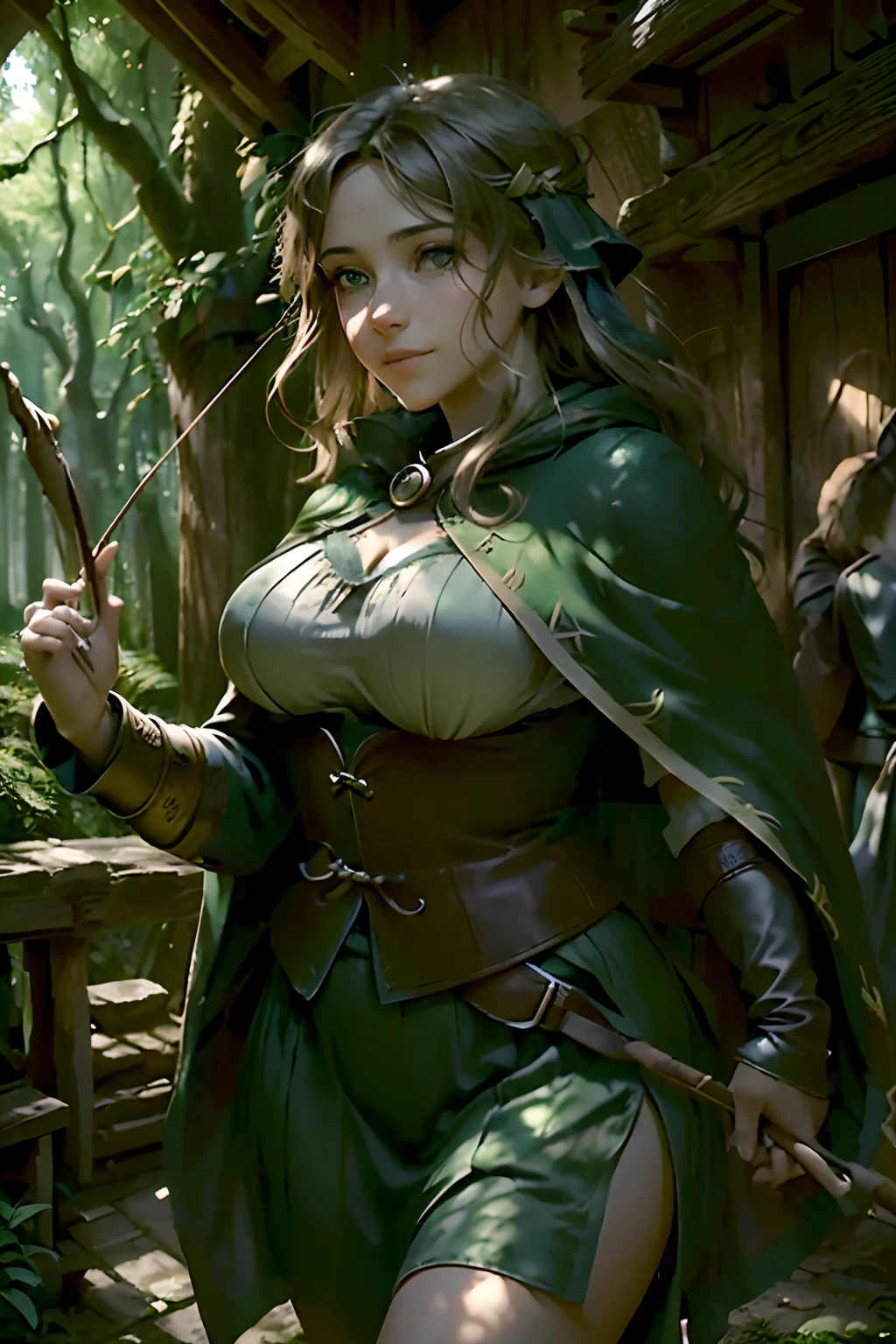 (beautiful, detailed face, expressive eyes, captivating smile, classic beauty), (hood, cape), (lush, green trees, towering oaks), (rustic, forest path), (mysterious atmosphere, dappled sunlight), (medieval, adventurous spirit), (archery skills, holding a bow), (mischievous expression, confident stance), (surrounded by fellow outlaws, camaraderie), (sense of freedom, rebellion against injustice), (epic hero, legend), (daring exploits, stealing from the rich), (nostalgic, medieval charm), (timeless tale, folklore), (authentic period clothing), (secluded hideout, secret camp), (moss-covered stones, ancient ruins), (foreboding forest creatures, deer, foxes), (emerald green color, vibrant scenery), (golden hour lighting, warm tones), (mythical elements, legend of Sherwood Forest), (ethereal ambiance, enchanting allure)