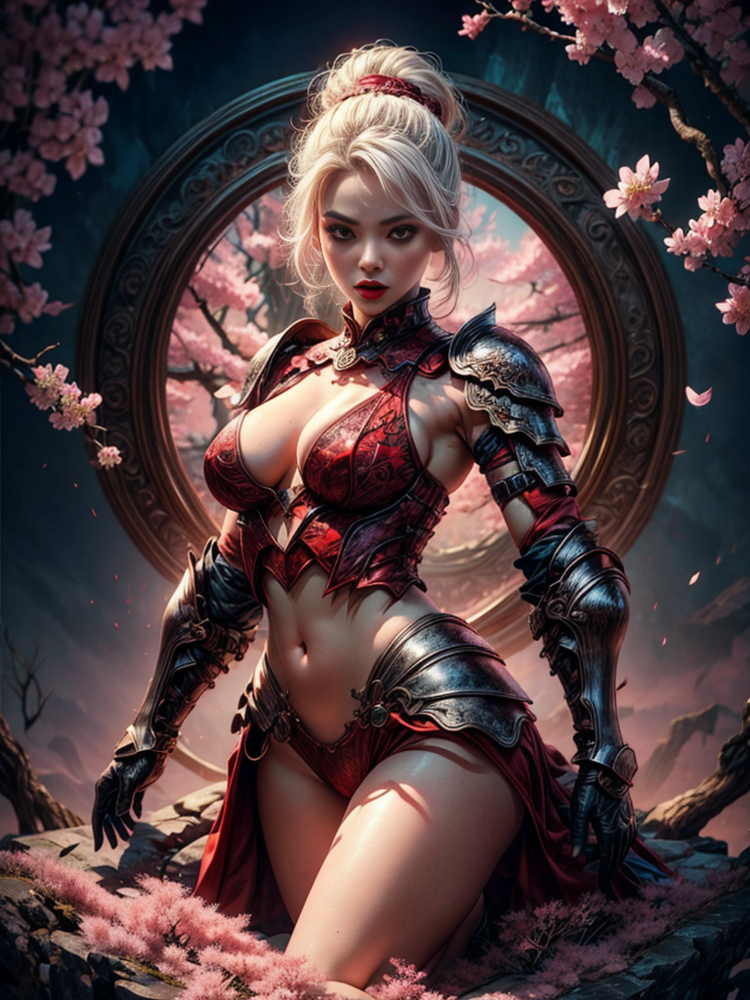 minimal, A sexy woman in armor, legendary warrior , A beautiful babe, sex pose, erotic design , erotic face, erotic pose, pore white hair, small tits, big eyes, sexy eyes, body covered with tattoo, red lips, sexy lips, sexy face, erotic, erotic pose, FULL BODY, cherry blossom tree, pink leaves, high quality, beautiful graphics, high detail
