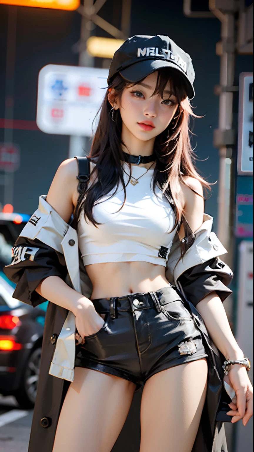 Beautiful woman medium hair, wearing cap, cyberpunk style short clothes