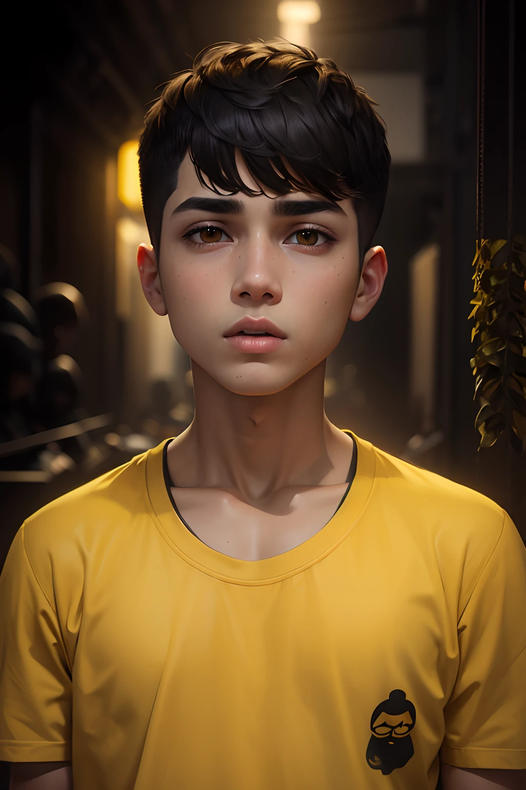 Black background,realstic,buzz cut hair,boy look,yellow tshirt