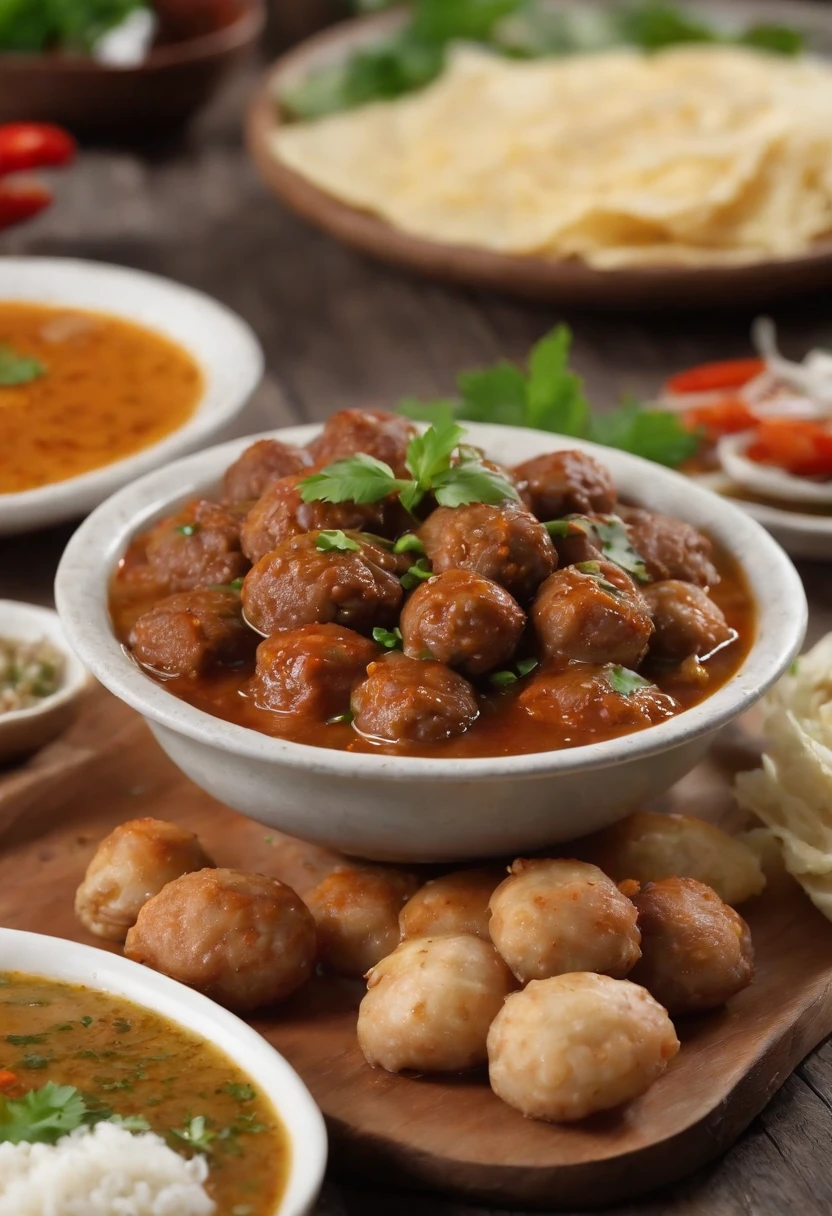 Indonesian food,meatballs,deliciousness,juicy texture,spicy flavor,aromatic herbs,tasty dipping sauce,authentic street food,traditional recipe,rich culinary heritage,food stall,craving-inducing,tempting aroma,satisfying meal,tender and succulent,fusion of flavors, mouthwatering presentation,local delicacy,balanced and complex taste,hearty and filling,burst of spices,flavorful broth,savory treat,generous portion sizes,vibrant and colorful,sizzling hot,enticing street food,culinary adventure,irresistible aroma. (best quality,4k,8k,highres,masterpiece:1.2),ultra-detailed,(realistic,photorealistic,photo-realistic:1.37),authentic and inviting food scene,HDR,UHD,studio lighting,ultra-fine painting,sharp focus,physically-based rendering,extreme detail description,professional,vivid colors,bokeh, food photography,intimate atmosphere,soft and warm lighting,cozy ambience,enticing food,delightful dining experience.