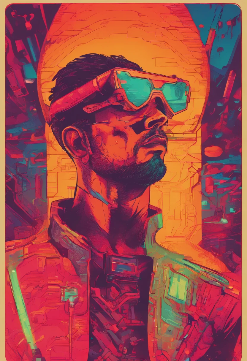 Artista homem, careca com barba grisalha e rala, de 45 anos, pele bronzeada - pintando na tela de um notebook futurista - moderno - estilo cyberpunk - tom azul escuro no contexto da imagem, e luzes laranjas e led vermelho ao fundo