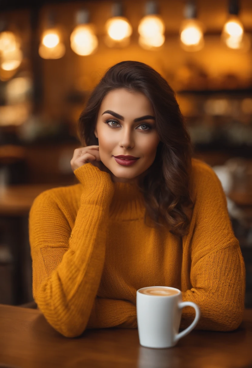 Cute beautiful brunette with yellow sweater (Drink coffee in a modern café at sunset), muito detalhado, 22 anos, Rosto inocente, cabelos pretos, longos, naturalmente ondulados, olhos castanhos, alta resolução, obra-prima, melhor qulaity, Detalhes intrincados, muito detalhado, foco nítido, Pele detalhada, texturaa de pele realista, textura, Olhos detalhados, Profissional, 4k, sorriso encantador, tirada com Canon, 85 millimeters, Profundidade de campo leve, Cor Kodak Vision, Corpo perfeitamente ajustado, Extremamente detalhado, fotografia_\(Ultra\), fotoRealistisch, Realistisch, Post-processing, maximum details, Rugosidade, vida real, Ultrarrealista, fotografiarrealismo, fotografiagrafia, 8k UHD, fotografiagrafia