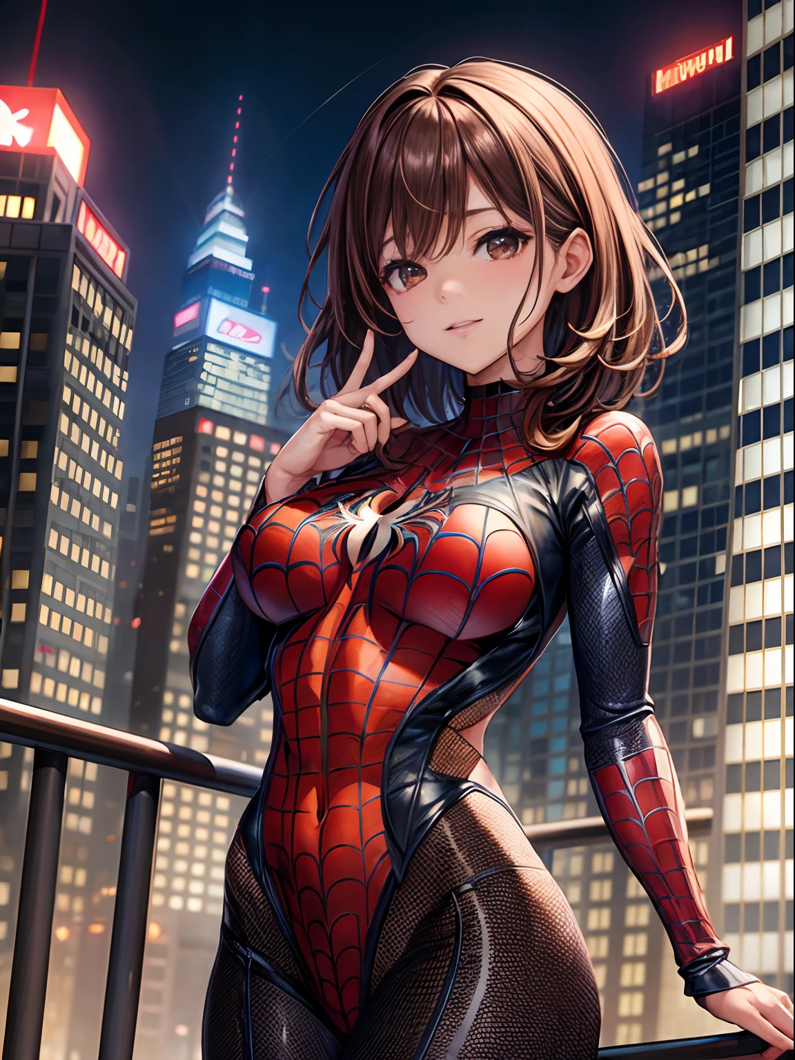 top-quality、Full limbs、complete fingers、one beautiful women、Beautiful Large Breasts、Medium hair、casual、Brown hair、Spider-Man Costume、night skyscraper