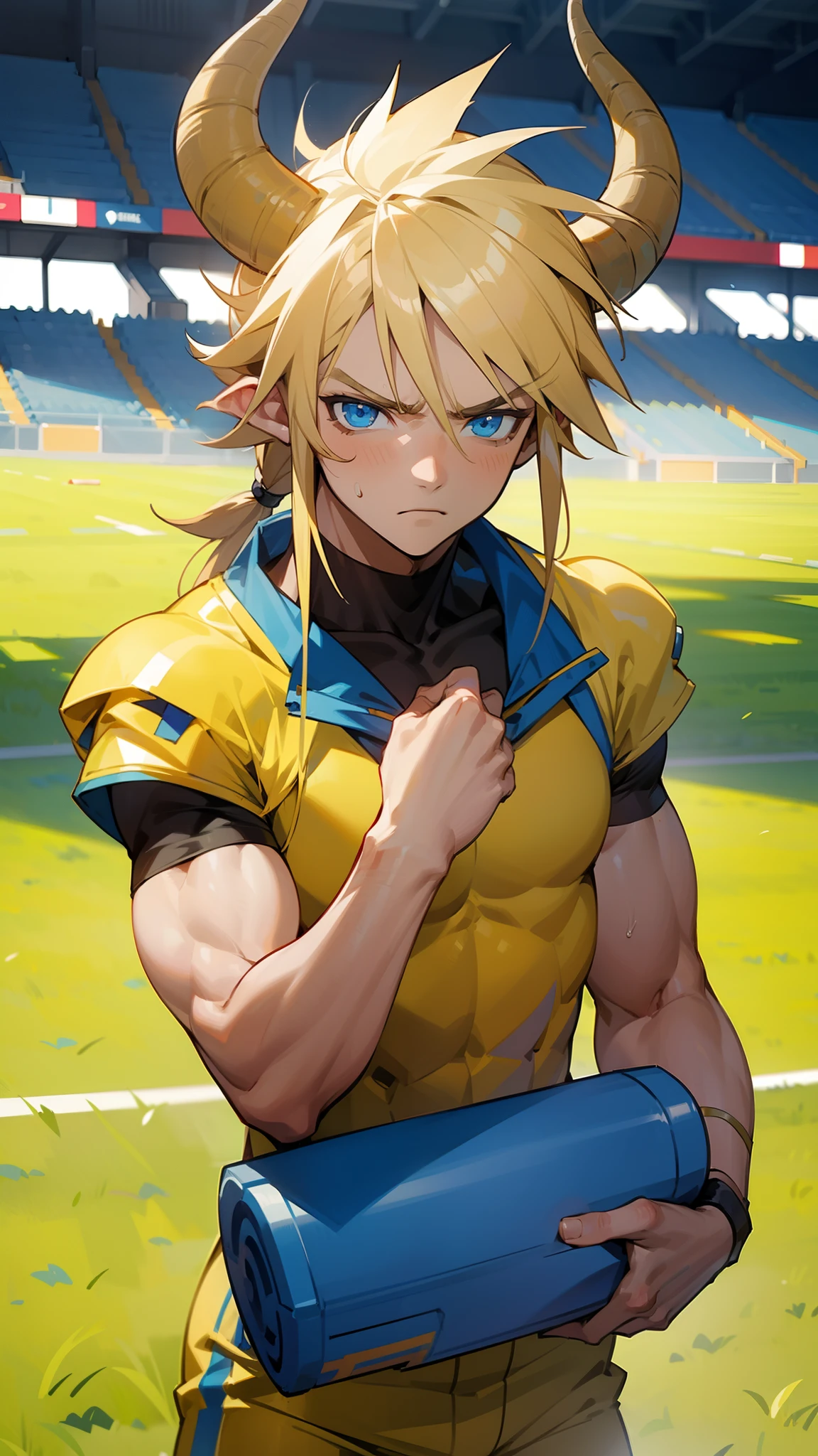 masterpiece, best quality, boy, blue eyes, yellow football outfit,long hair, blonde hair, horns,serious face,((small muscular, boy with muscles)),standing in a school stadium,cowboy shot,close-up