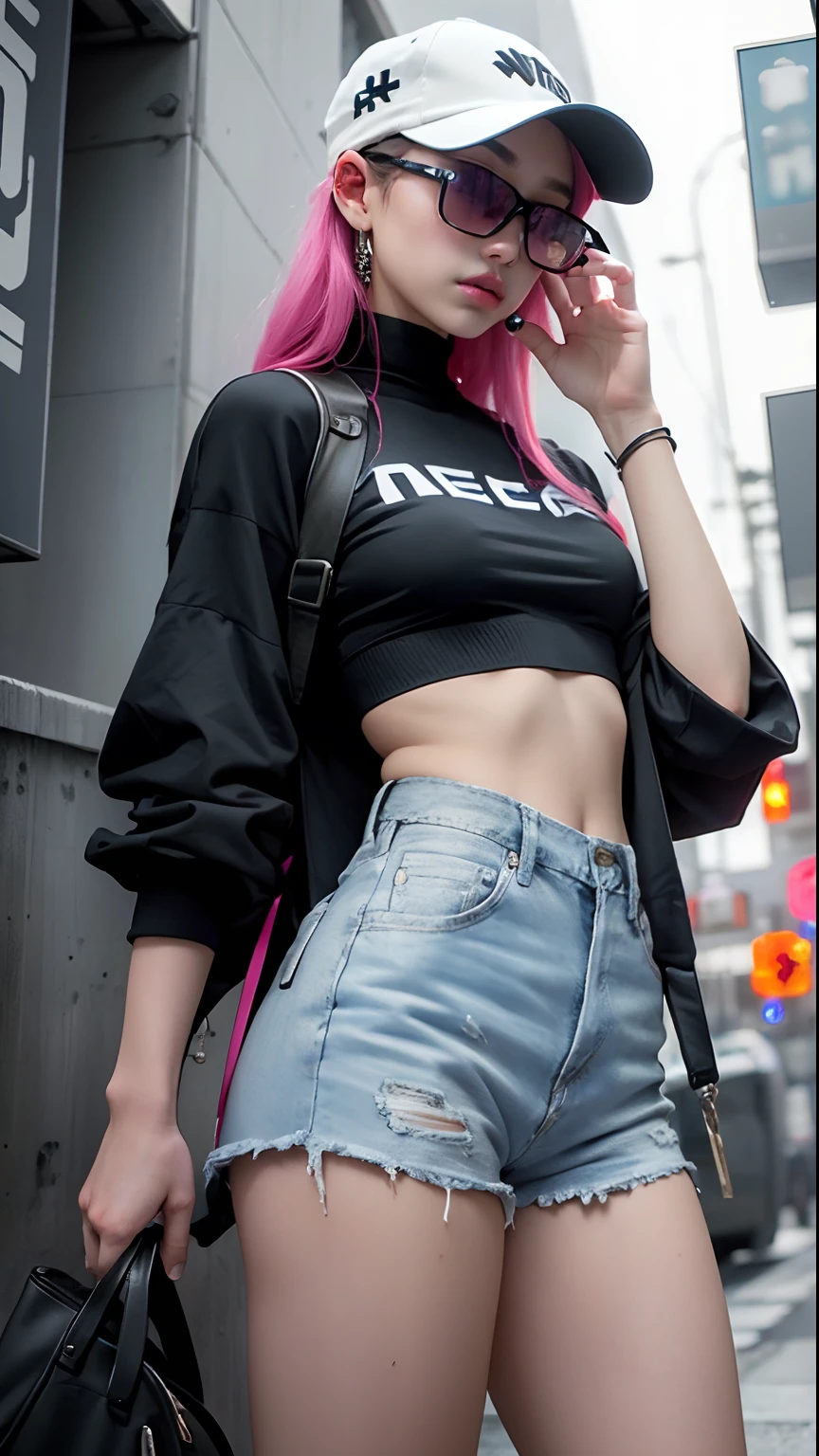 Beautiful woman medium hair, wearing cap, cyberpunk style short clothes