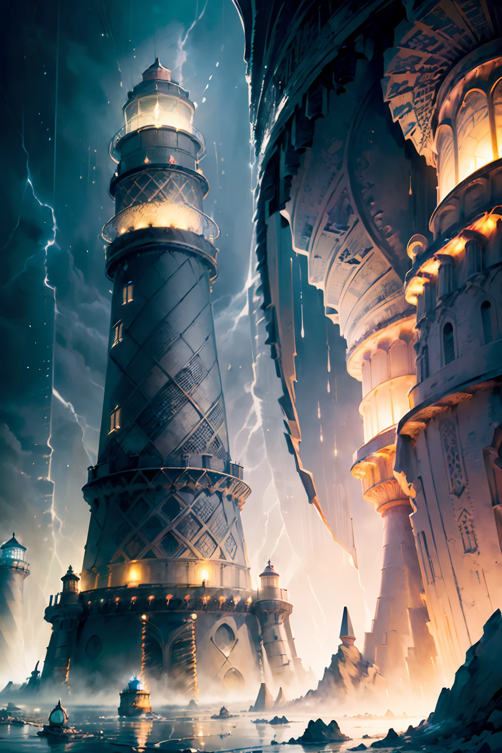 10 multilayers, ((image of epic composition of stunningly detailed Lighthouse of Alexandria illustration:1.5), (A huge building made of marble stones:1.3), (lights are crystal mirrors:1.2)), (good-looking rough sea with around sea of glimmer out glow:1.4), (architectural monstrosity slender toll tower:1.2), (fantastic lighting:1.2), (galaxy sky of red and black steel accessory atmosphere:1.3), fusion of moon atmosphere and dim glowing, stunning piece of splash art, from below, clothed in fear and coercion and fear atmosphere, (matte painting of water color and alcohol ink and fountain-pen drawing and oil color), (intricate detailed art:1.4), beautiful detailed glow, (rain storm:1.3), (impeccable quality:1.3), highest quality, highly quality, best quality, (extremely insane detail texture:1.3), (no people:1.8),