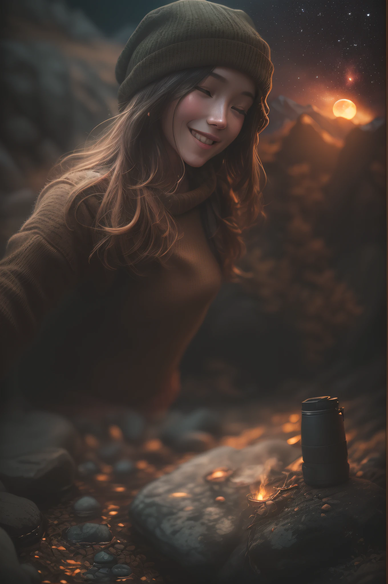 1 woman, nude ((upper body selfie, happy)), masterpiece, best quality, ultra-detailed, solo, outdoors, (night), mountains, nature, (stars, moon) cheerful, happy, backpack, sleeping bag, camping stove, water bottle, mountain boots, gloves, sweater, hat, flashlight, forest, rocks, river, wood, smoke, shadows, contrast, clear sky, analog style (look at viewer:1.2) (skin texture) (film grain:1.3), (warm hue, warm tone)