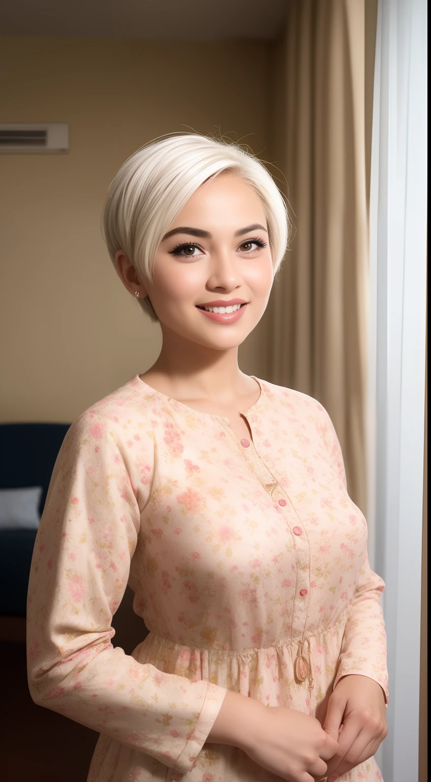 Malay girl, very short white hair, Sculpted Pixie cut hair, wear floral pattern baju kurung, happy pose, front view, windy, detail skin, age spot, detail skin texture, mole below eyes, small breast, flat chest, wide hips, small waists, thick thighs, slim abs, beautiful body, nighttime, laughing, happy, bright lighting, white hotel living room, blur background, bokeh,