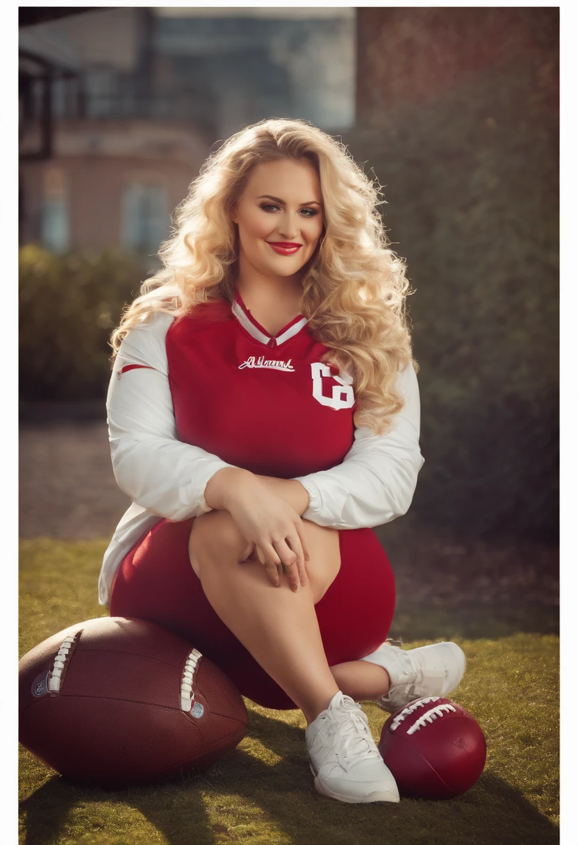 complete body picture, stunningly beautiful white woman, long curly blonde hair, buxom, curvy, ripped jeans, Alabama Crimson Tide jersey, sneakers, holding a football, fan, smiling, splash art, wide hips, busty, voluptuous, vivid imagery, surrealism, vibrant colors