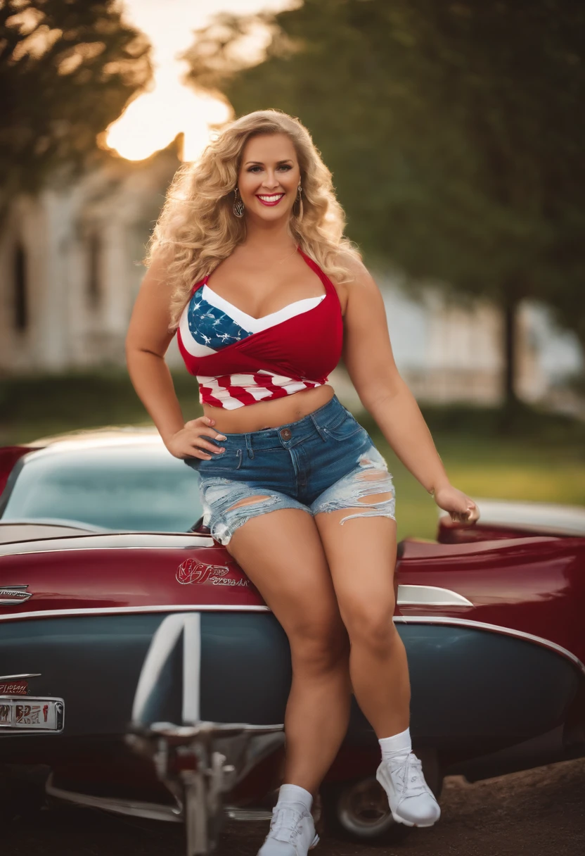 complete body picture, stunningly beautiful white woman, long curly blonde hair, buxom, curvy, ripped jeans, Alabama Crimson Tide jersey, sneakers, holding a football, fan, smiling, splash art, wide hips, busty, voluptuous, vivid imagery, surrealism, vibrant colors