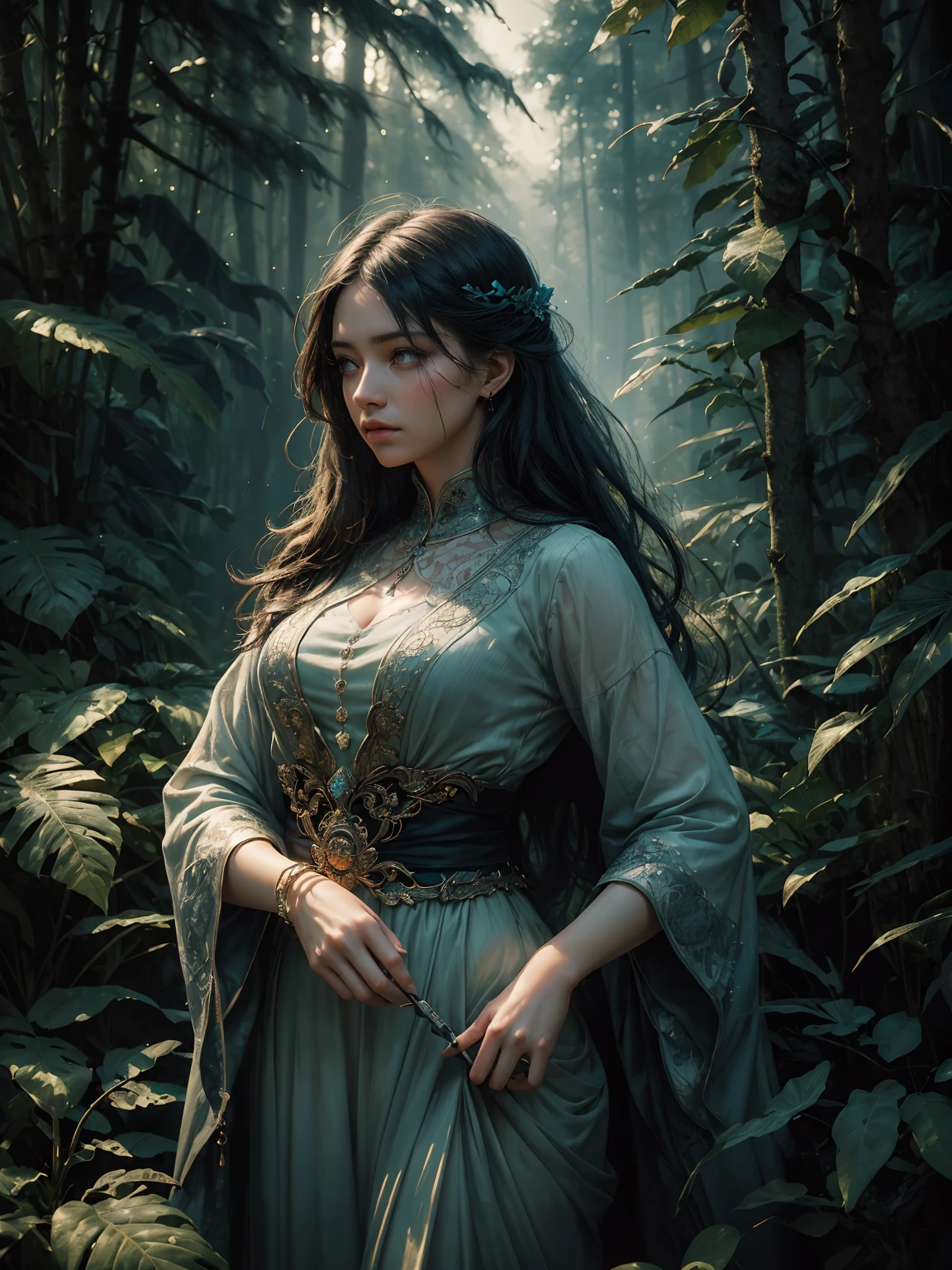 Full body, epic realistic, (dark shot:1.4), 80mm, Create a portrait of a woman with long dark hair. She has a mysterious expression, gazing at the viewer with a slight tilt of her head. She is elegantly dressed, The background features a forest of blue, impressionistic leaves, with an eerie white light shining through and a gradient shadow on the top part of the woman's face. Use a backlighting effect to add depth to the image, blue palette, wider show with more background and forest, (natural skin texture, hyperrealism, soft light, sharp:1.2), soft light, sharp, exposure blend, medium shot, bokeh, (hdr:1.4), high contrast, (cinematic, teal and orange:0.85), (muted colors, dim colors, soothing tones:1.3), low saturation, (hyperdetailed:1.2), (noir:0.4), (intricate details:1.12), hdr, (intricate details, hyperdetailed:1.15), faded, (neutral colors:1.2), art, (hdr:1.5), (muted colors:1.1), (pastel:0.2), hyperdetailed, (artstation:1.4), warm lights, dramatic light, (intricate details:1.2), vignette, complex background,