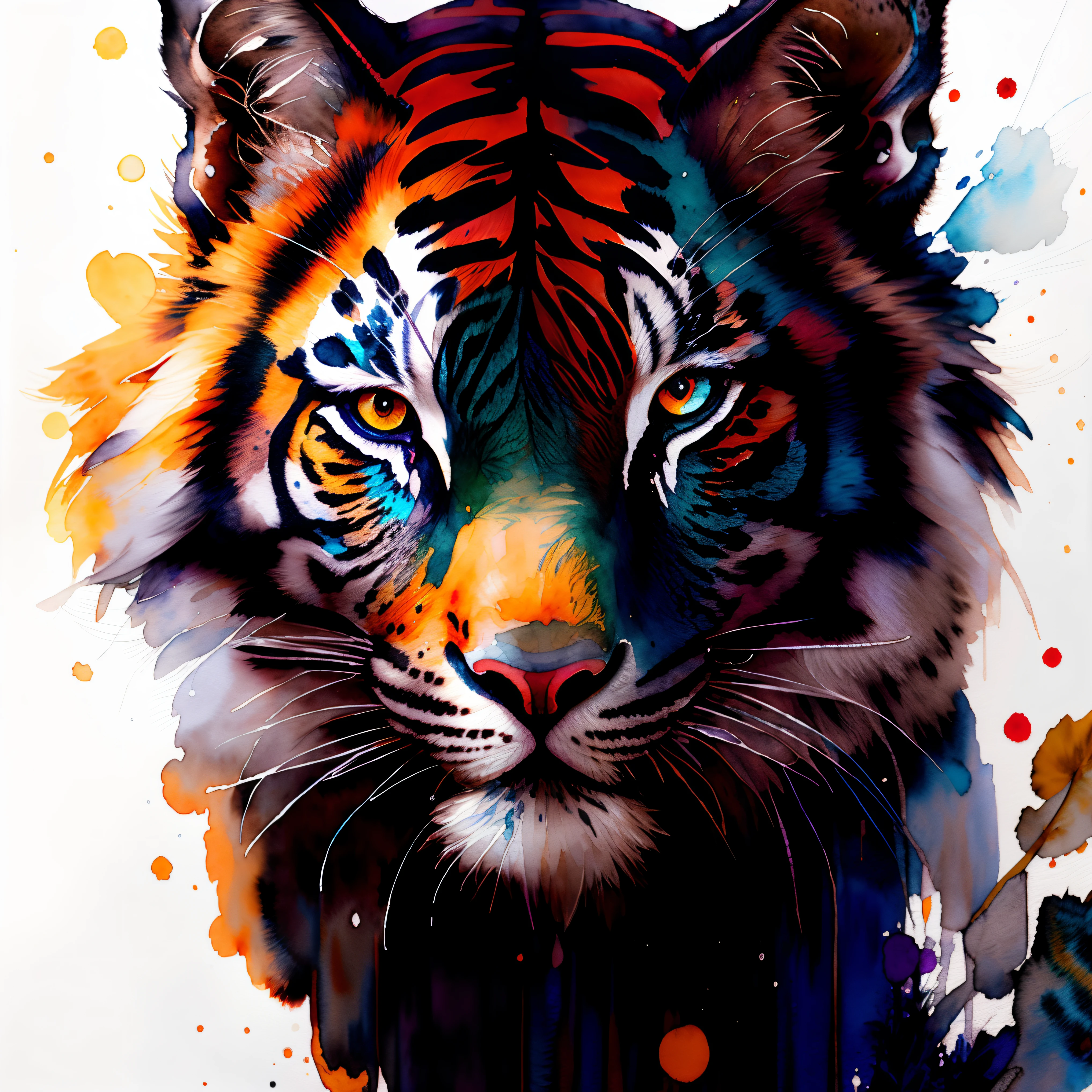 wtrcolor style, Digital art of (black tiger character), official art, frontal, masterpiece, Beautiful, ((watercolor)), face paint, paint splatter, intricate details. Highly detailed, detailed eyes, [dripping:0.5], Trending on artstation, by Rachel Walker,
