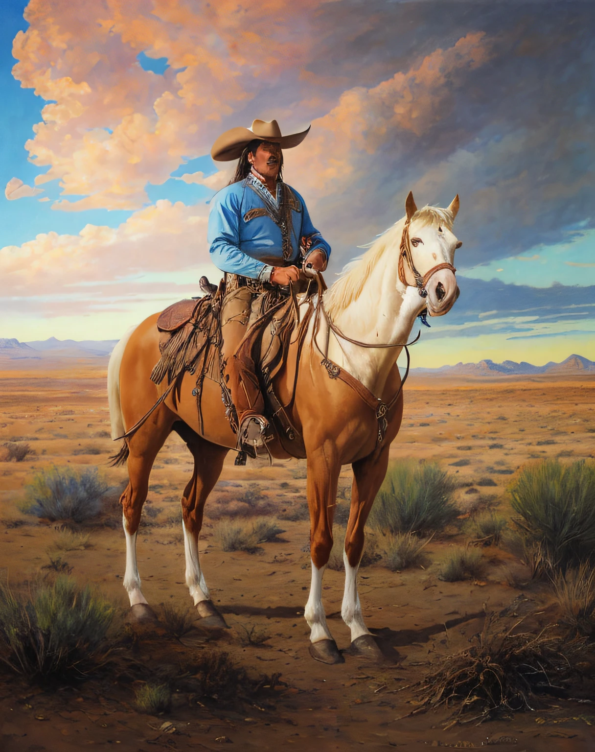 painting of a man riding a horse in a desert landscape, western art, western painting, cowboy, cowboy on the range, cowboy portrait, western comic art, western comic book art, george strait, jean giraud portrait, portrait of a cowboy, cowboy dream, cowboys, inspired by Mort Artists, mexican vaquero, lone ranger