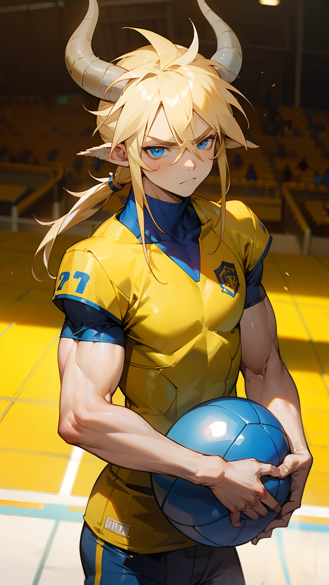 masterpiece, best quality, boy, blue eyes, yellow football outfit,long hair, blonde hair, horns,serious face,((small muscular, boy with muscles)),(standing in a football stadium),cowboy shot,close-up