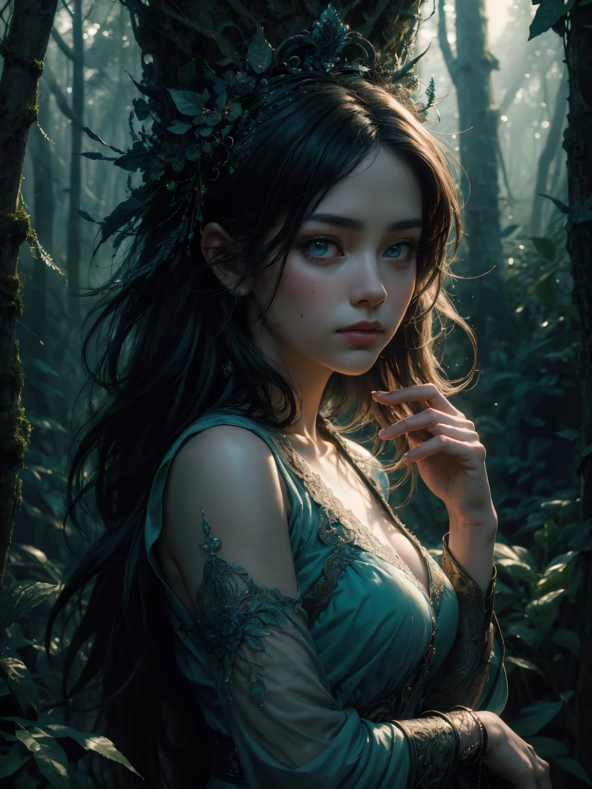 Full body, epic realistic, (dark shot:1.4), 80mm, Create a portrait of a woman with long dark hair. She has a mysterious expression, gazing at the viewer with a slight tilt of her head. She is elegantly dressed, The background features a forest of blue, impressionistic leaves, with an eerie white light shining through and a gradient shadow on the top part of the woman's face. Use a backlighting effect to add depth to the image, blue palette, wider show with more background and forest, (natural skin texture, hyperrealism, soft light, sharp:1.2), soft light, sharp, exposure blend, medium shot, bokeh, (hdr:1.4), high contrast, (cinematic, teal and orange:0.85), (muted colors, dim colors, soothing tones:1.3), low saturation, (hyperdetailed:1.2), (noir:0.4), (intricate details:1.12), hdr, (intricate details, hyperdetailed:1.15), faded, (neutral colors:1.2), art, (hdr:1.5), (muted colors:1.1), (pastel:0.2), hyperdetailed, (artstation:1.4), warm lights, dramatic light, (intricate details:1.2), vignette, complex background,