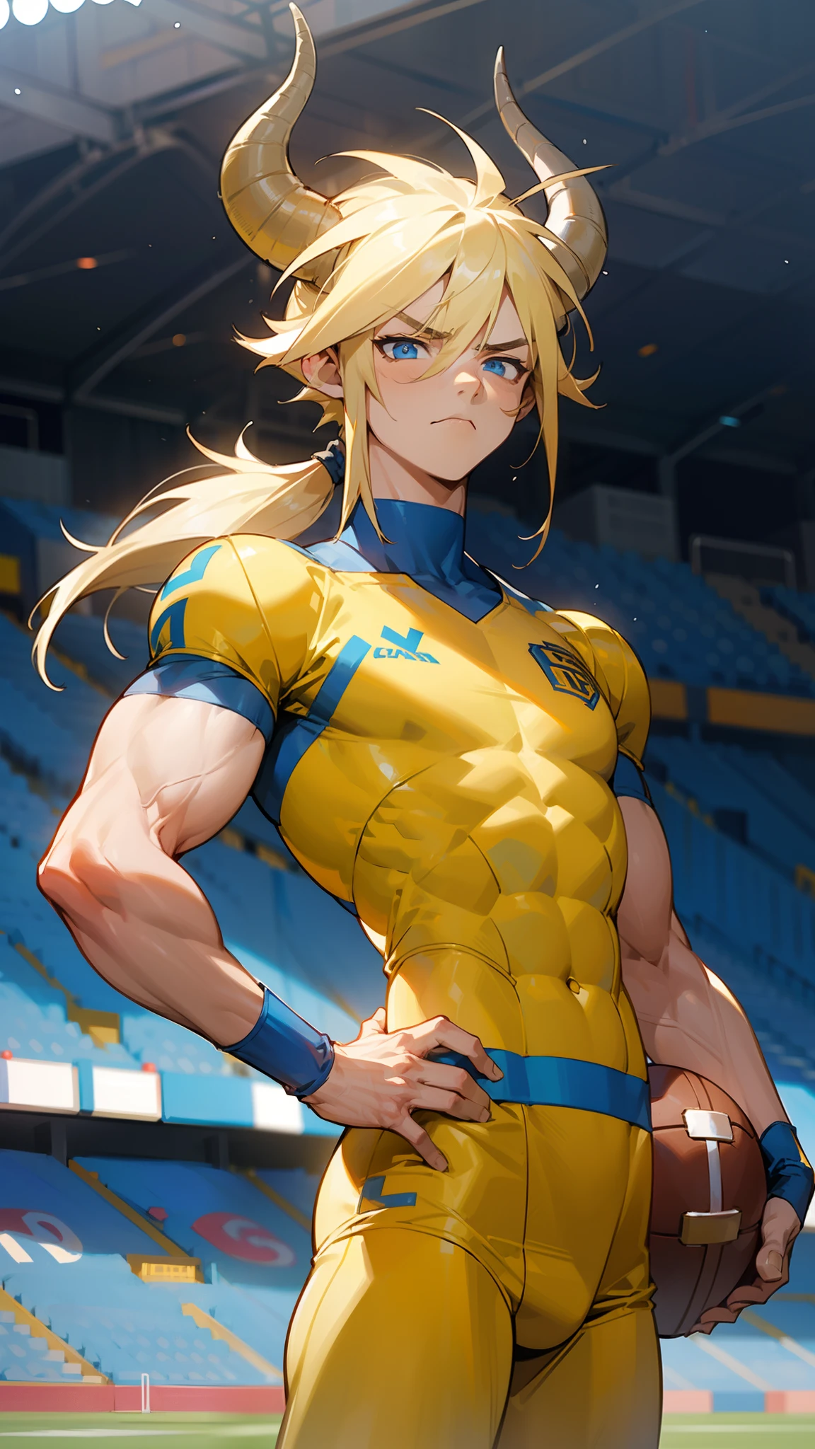 masterpiece, best quality, boy, blue eyes, yellow football outfit,long hair, blonde hair, horns,serious face,((small muscular, boy with muscles)),(standing in a football stadium),cowboy shot,close-up