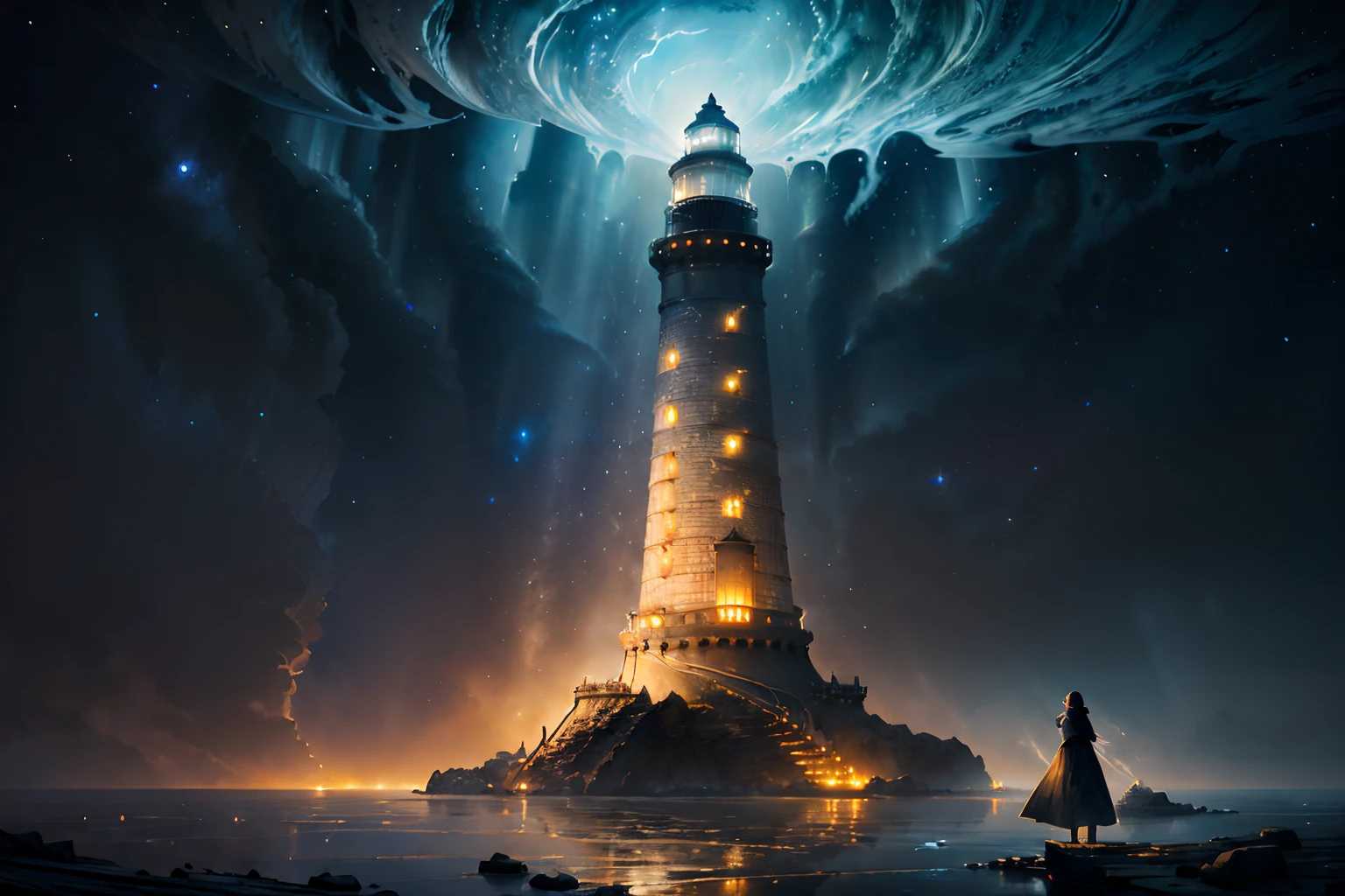 10 multilayers, (image of epic composition of stunningly detailed Lighthouse of Alexandria illustration:1.5), (A huge building made of marble stones:1.3), (Lighthouse lights are crystal mirrors:1.2), good-looking around sea of glimmer out glow, (architectural monstrosity slender toll tower:1.2), (fantastic lighting:1.2), (galaxy sky of red and black steel accessory atmosphere:1.3), fusion of moon atmosphere and dim glowing, stunning piece of splash art, from below, clothed in fear and coercion and fear atmosphere, (matte painting of water color and alcohol ink and fountain-pen drawing and oil color) (intricate detailed art:1.4), beautiful detailed glow, (rain storm:1.3), (impeccable quality:1.3), highest quality, highly quality, best quality, (extremely insane detail texture:1.3),
