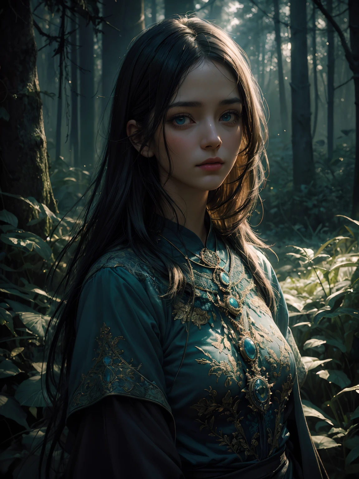 Full body, epic realistic, (dark shot:1.4), 80mm, Create a portrait of a woman with long dark hair. She has a mysterious expression, gazing at the viewer with a slight tilt of her head. She is elegantly dressed, The background features a forest of blue, impressionistic leaves, with an eerie white light shining through and a gradient shadow on the top part of the woman's face. Use a backlighting effect to add depth to the image, blue palette, wider show with more background and forest, (natural skin texture, hyperrealism, soft light, sharp:1.2), soft light, sharp, exposure blend, medium shot, bokeh, (hdr:1.4), high contrast, (cinematic, teal and orange:0.85), (muted colors, dim colors, soothing tones:1.3), low saturation, (hyperdetailed:1.2), (noir:0.4), (intricate details:1.12), hdr, (intricate details, hyperdetailed:1.15), faded, (neutral colors:1.2), art, (hdr:1.5), (muted colors:1.1), (pastel:0.2), hyperdetailed, (artstation:1.4), warm lights, dramatic light, (intricate details:1.2), vignette, complex background,