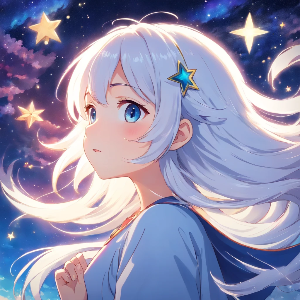 Anime girl with long white hair and stars in her hair, White-haired god, anime girl with cosmic hair, Star(sky) Starry_sky, anime visual of a cute girl, Splash art anime Loli, white glowing aura, Girl with white hair, ethereal anime, akasuki voidstar, celestial aura, nightcore, Anime moe art style