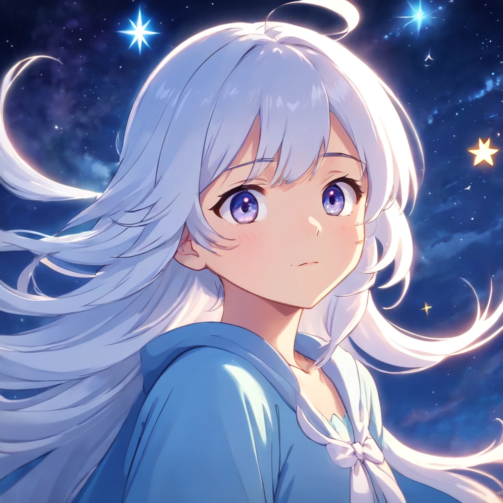 Anime girl with long white hair and stars in her hair, White-haired god, anime girl with cosmic hair, Star(sky) Starry_sky, anime visual of a cute girl, Splash art anime Loli, white glowing aura, Girl with white hair, ethereal anime, akasuki voidstar, celestial aura, nightcore, Anime moe art style