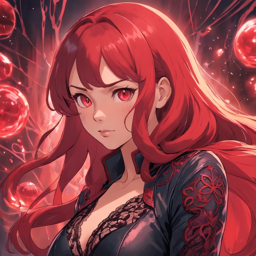 Extremely detailed photograph of a woman, Loresabeth, Scarlet Witch, Avengers, Wearing a black lace dress, Open red leather jacket, 8K  UHD, RAW photography, model photoshoot