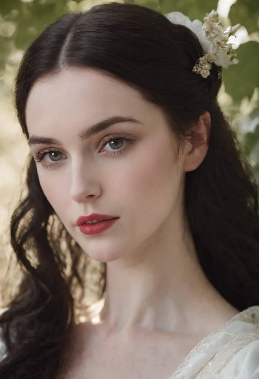 fourteenth century french courtesan beautiful in white clothing.  Pale skin, Black hair, cupid lips,princess