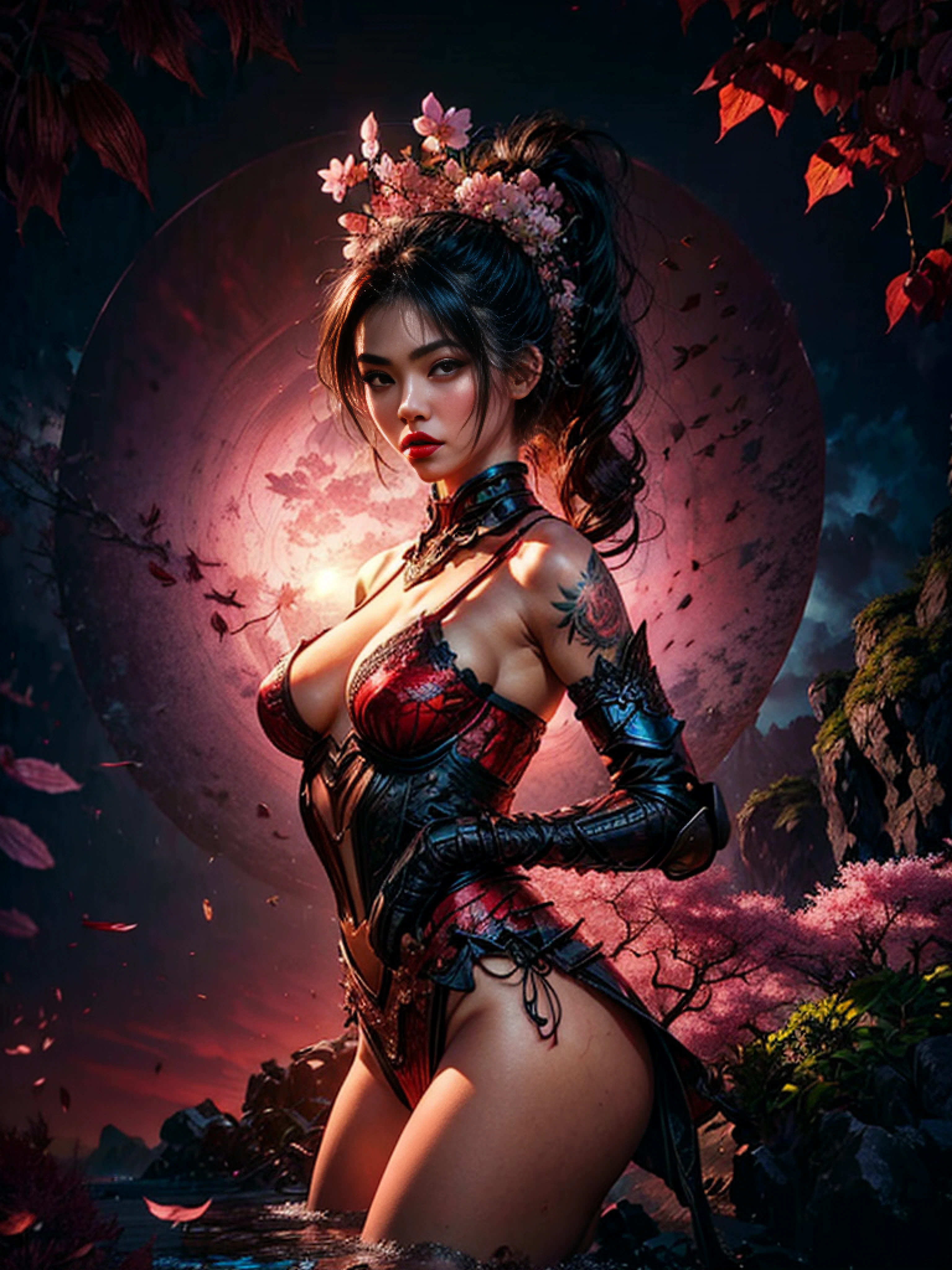 minimal, A sexy woman in armor, legendary warrior , A beautiful babe, sex pose, erotic design , erotic face, erotic pose, pore black hair, small tits, big eyes, sexy eyes, body covered with tattoo, red lips, sexy lips, sexy face, erotic, erotic pose, FULL BODY, cherry blossom tree, pink leaves, high quality, beautiful graphics, high detail