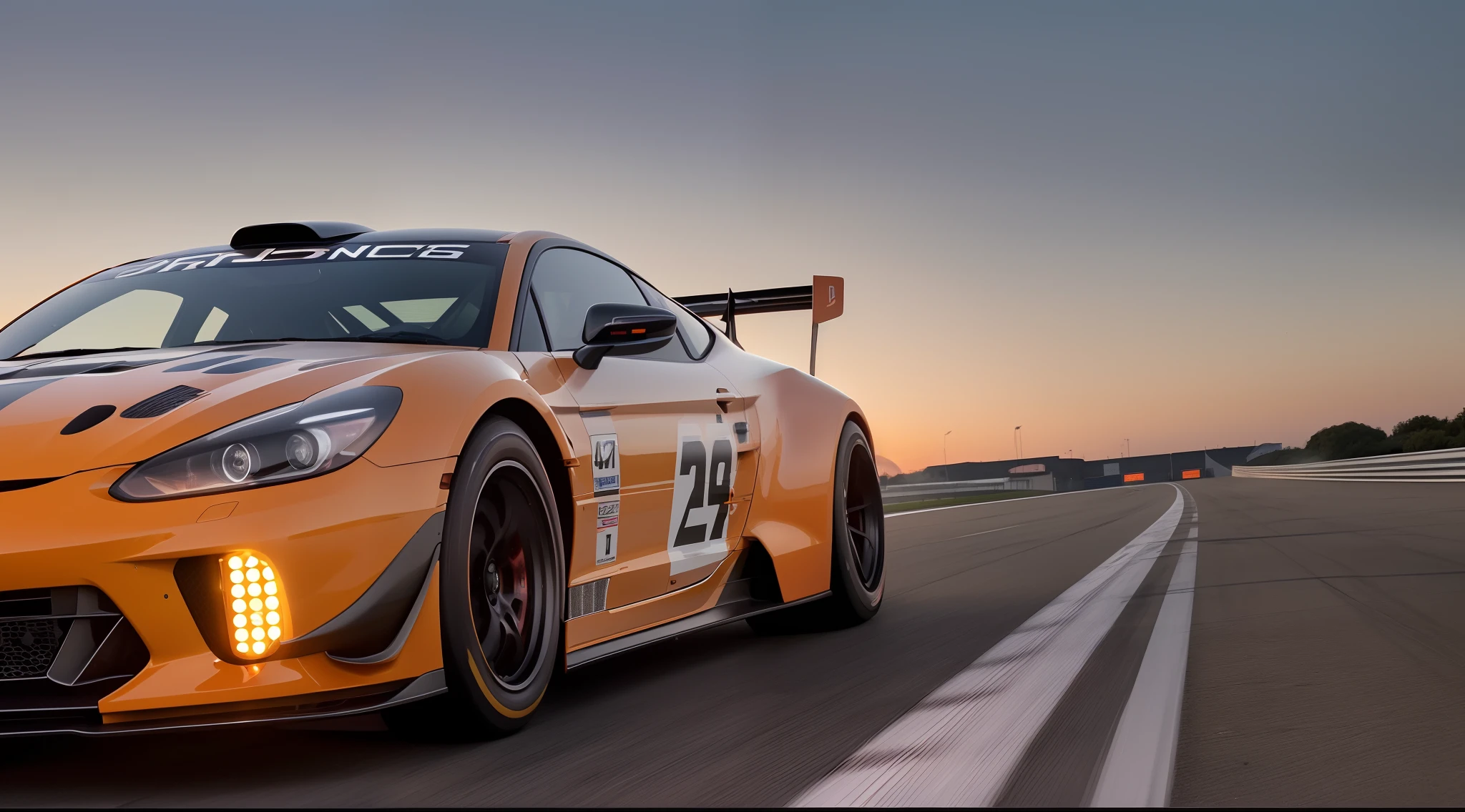 (hightquality, hight resolution, masutepiece:1.2), Ultra-detailed, (Realistic, Photorealsitic:1.37), zoomed in, Powerful engine sound, Fast and furious, Active lifestyle, adrenaline rush, [Dynamic], [Exciting], [Thrilling], Sleek, modern design, [Nürburgring], Embody strength and confidence, Beautiful sunset light, Orange light reflecting off the glossy paint of the car, Shining headlights penetrating the dusk, Blur the background to create a sense of speed, Race cars in the spotlight, Prepare for the ultimate racing experience