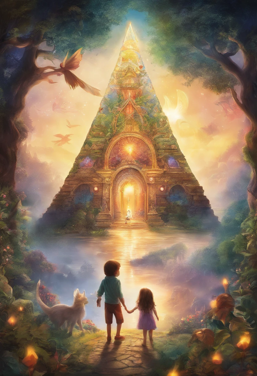 Capa livro infantil, 3 children, Sun inside crystal pyramid, floresta, dragons, infinity symbol