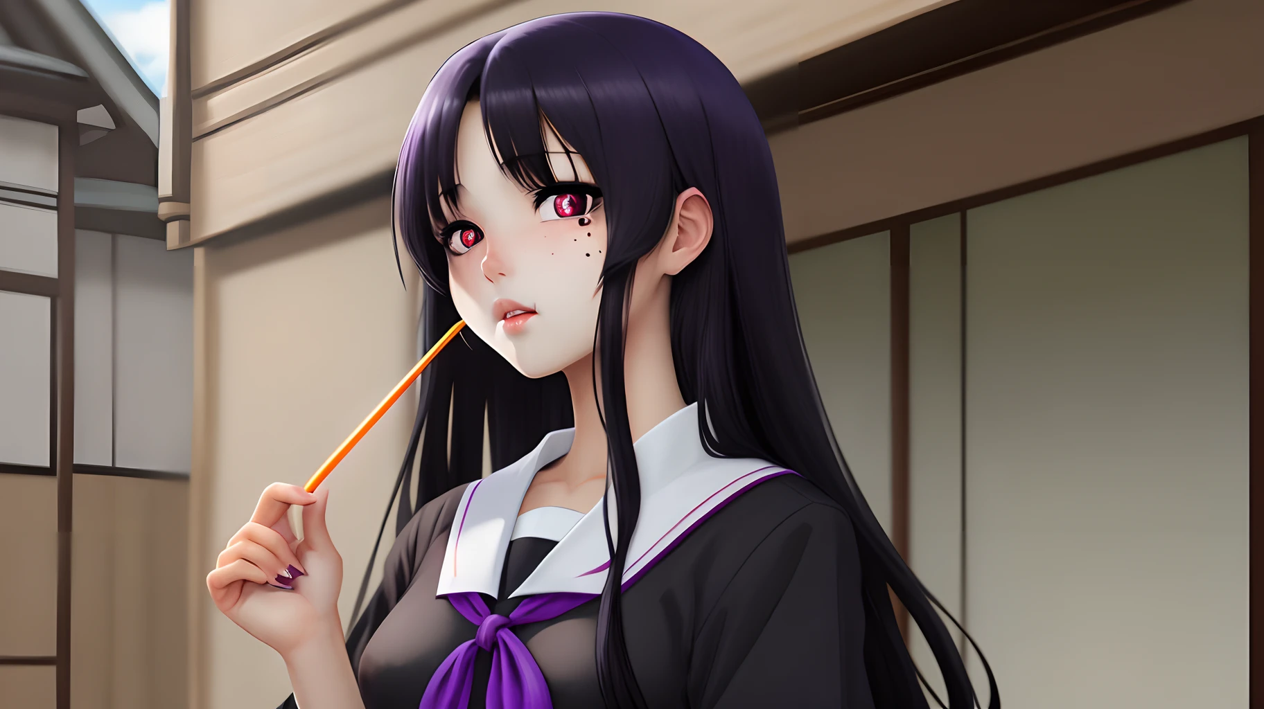 Long black hair, 17-year-old girl, front face, anime, black Japanese school uniform, purple pupils, holding a straw sword, a mole under the lip