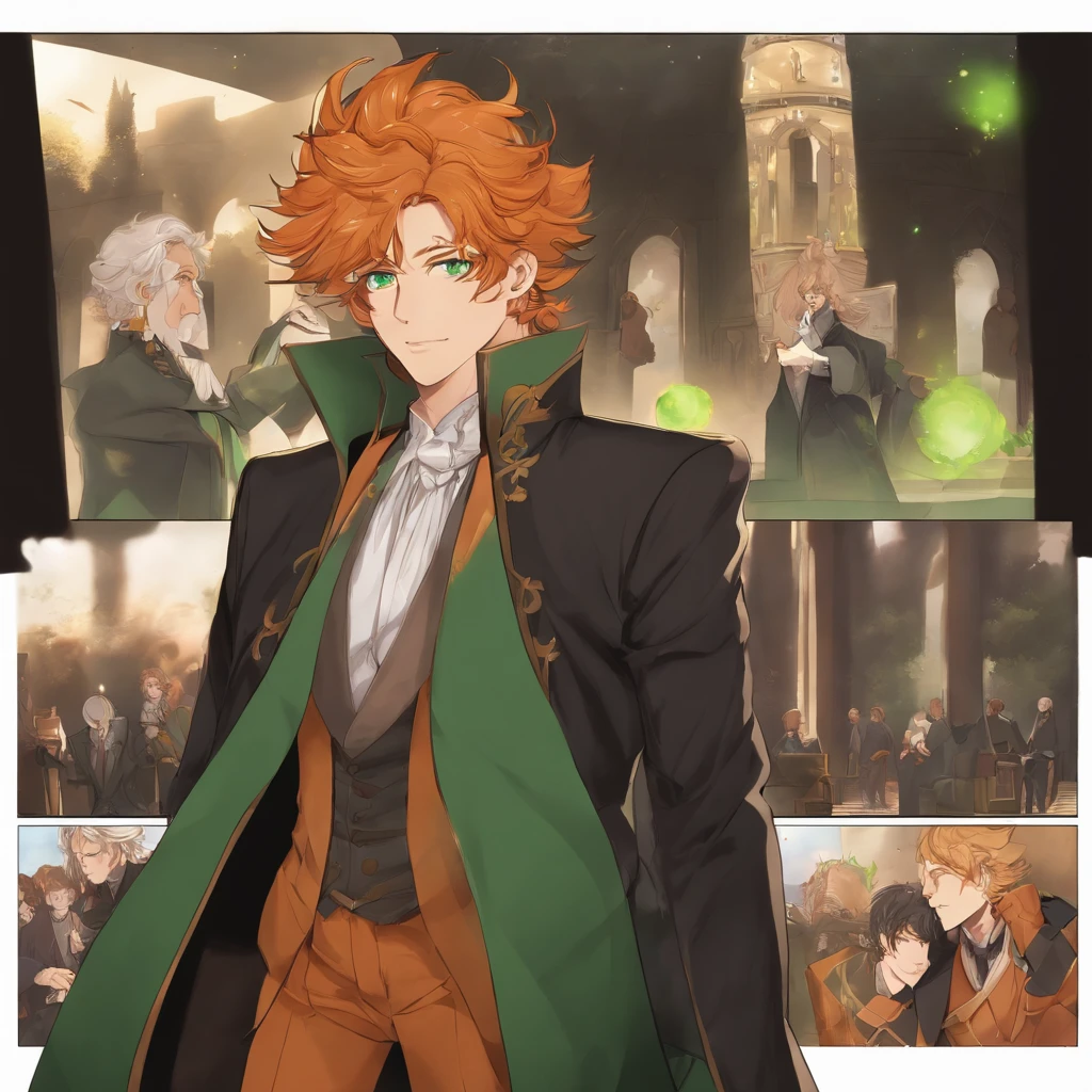 ((Highest quality, Masterpiece, 1 male, Handsome, Male, Adult male, Old guy, Broad shoulders, Tall height((Big hair)), looking at viewert ((Green eyes)), ((Orange hair, Hair tied), standing, nipple piercing, Old, Adult, Anime version, Black coat clothing, Tall man, anime big breast, Large outfit, Displays the entire role