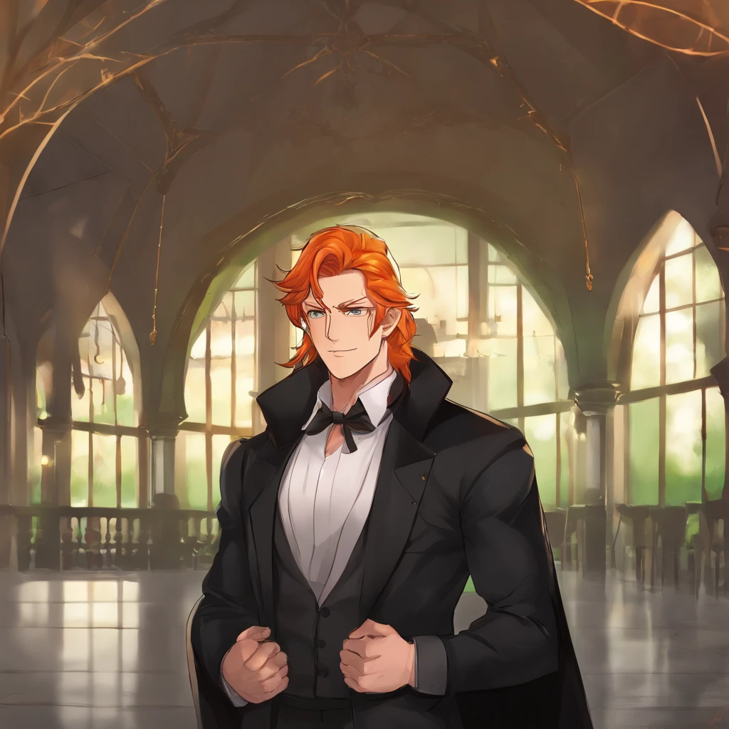 ((Highest quality, Masterpiece, 1 male, Handsome, Male, Adult male, Old guy, Broad shoulders, Tall height((Big hair)), looking at viewert ((Green eyes)), ((Orange hair, Hair tied), standing, nipple piercing, Old, Adult, Anime version, Black coat clothing, Tall man, anime big breast, Large outfit, Displays the entire role