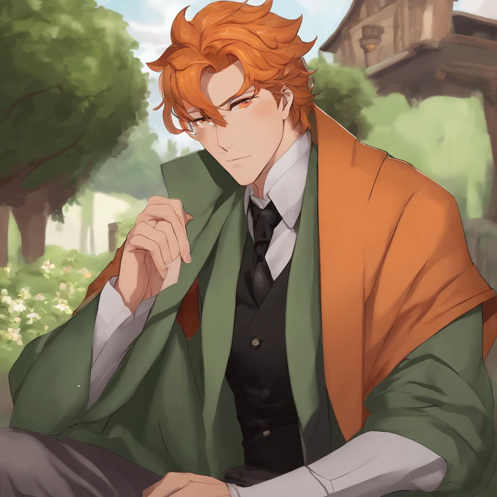 ((Highest quality, Masterpiece, 1 male, Handsome, Male, Adult male, Old guy, Broad shoulders, Tall height((Big hair)), looking at viewert ((Green eyes)), ((Orange hair, Hair tied), standing, nipple piercing, Old, Adult, Anime version, Black coat clothing, Tall man, anime big breast, Large outfit, Displays the entire role