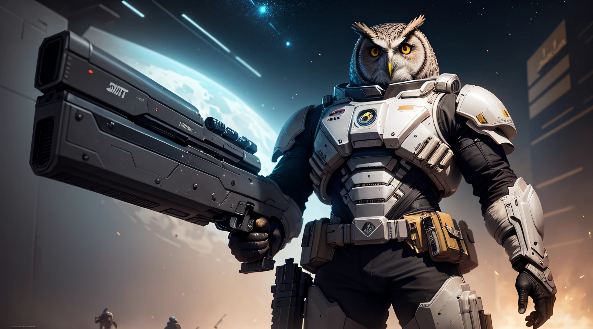 an owl armed with a futuristic rifle in his hand, very realistic, wearing a very realistic futuristic space armor, imposing look