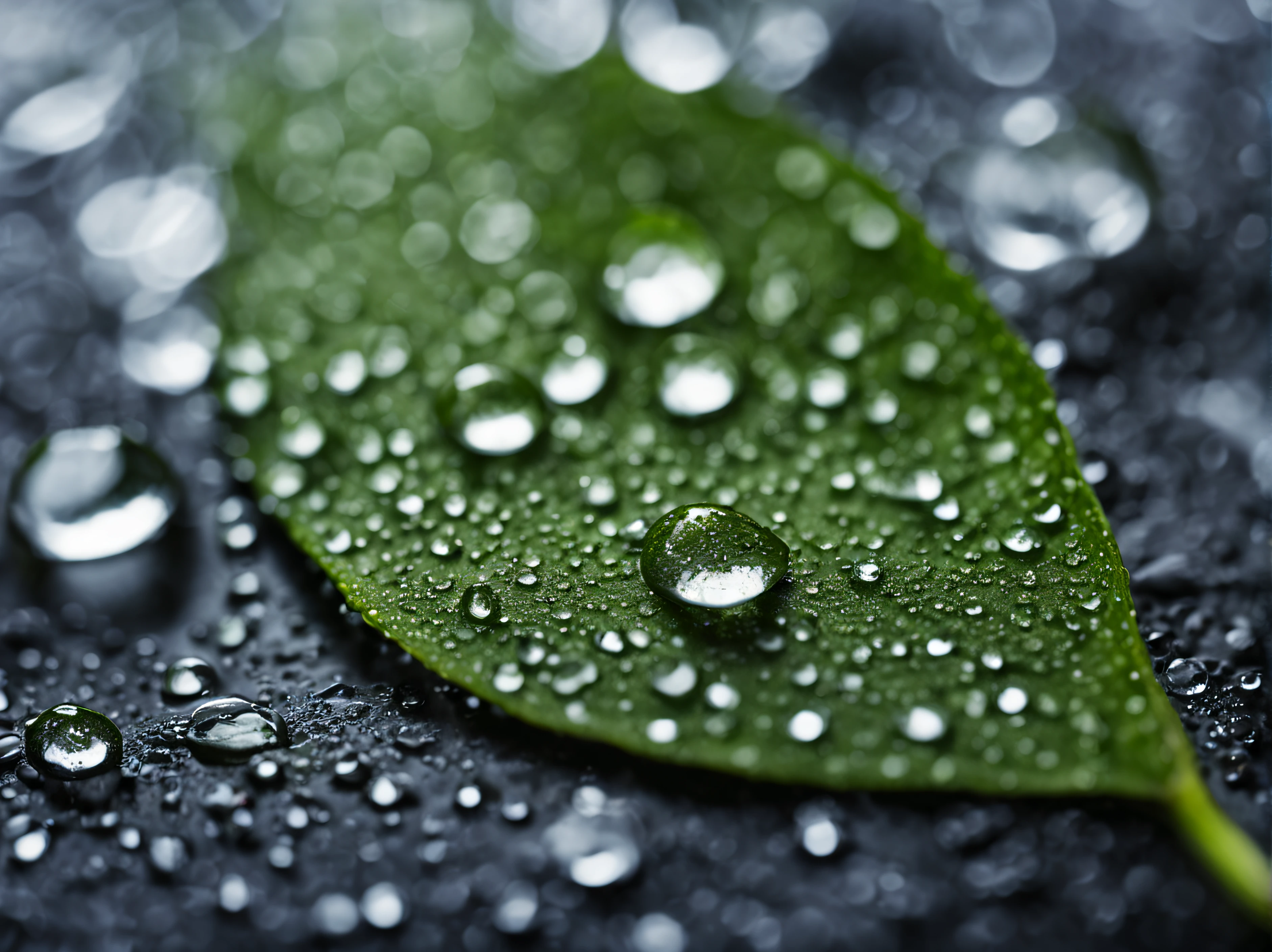 a close up of a leaf with water droplets on it, a macro photograph by Jan Rustem, shutterstock, renaissance, detailed droplets, droplets, water droplets, dewdrops, focus on droplets, beautiful macro close-up imagery, dew, dew drops, water drops, transparent droplets, water droplet, drops, drops of water photo detailed
