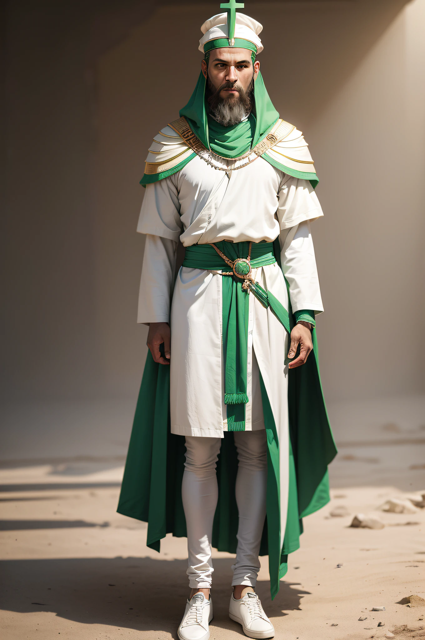 Middle Crete with a white tunic and green clothes, cabelo moderno, rosto quadrado, com um furinho no queixo, He is a physician in the time of Ancient Egypt, this standing appearing the whole body with the middle legs appearing he is 35 years old and one meter and 75 tall appear the legs and shoes too, full-body home appearing standing, a green scepter and a green color on the head
