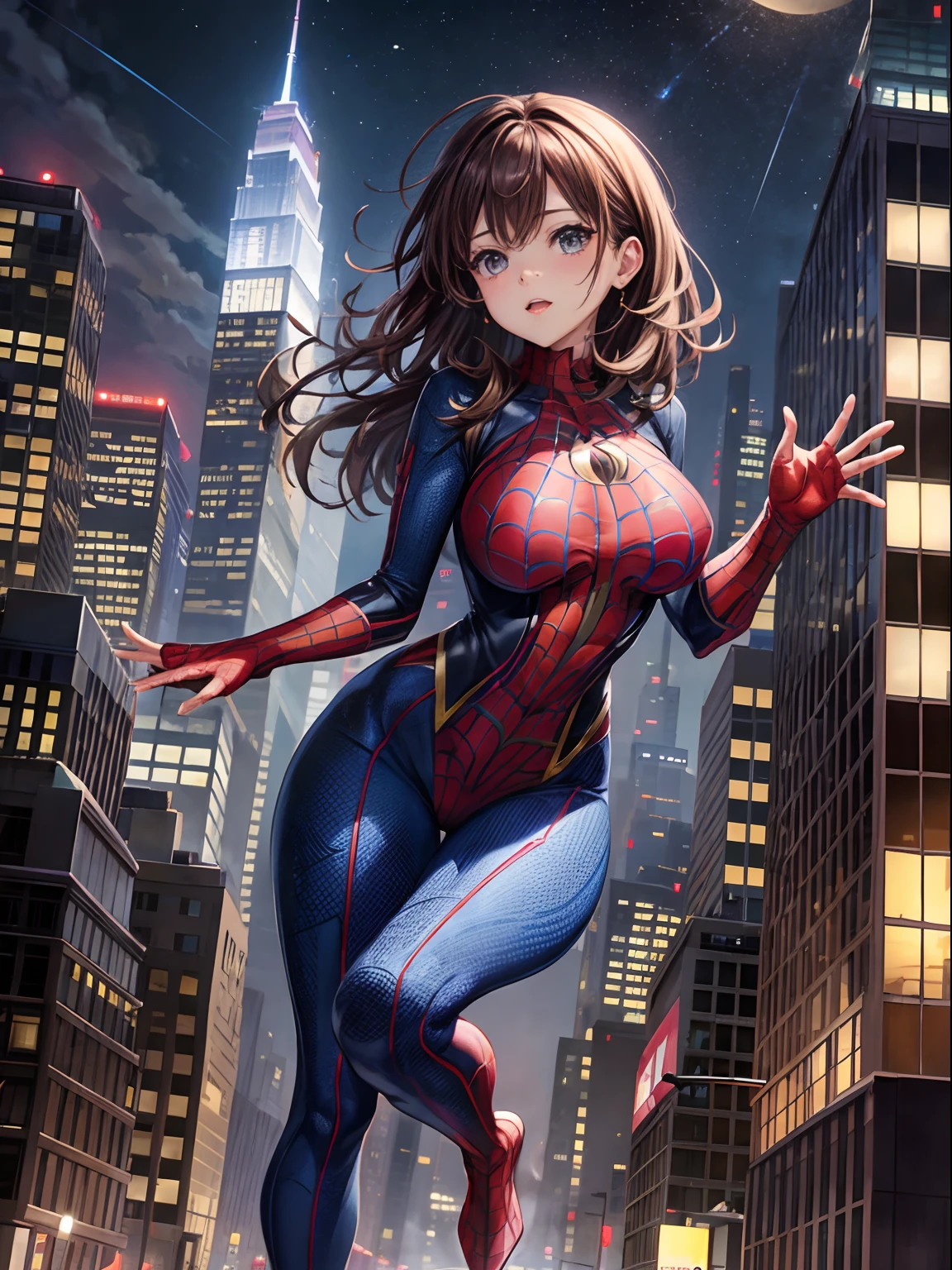 top-quality、Full limbs、complete fingers、one beautiful women、Beautiful Large Breasts、Medium Hair、Random hair、Brown hair、Spider-Man's full-body costume、night skyscraper、Flight between buildings